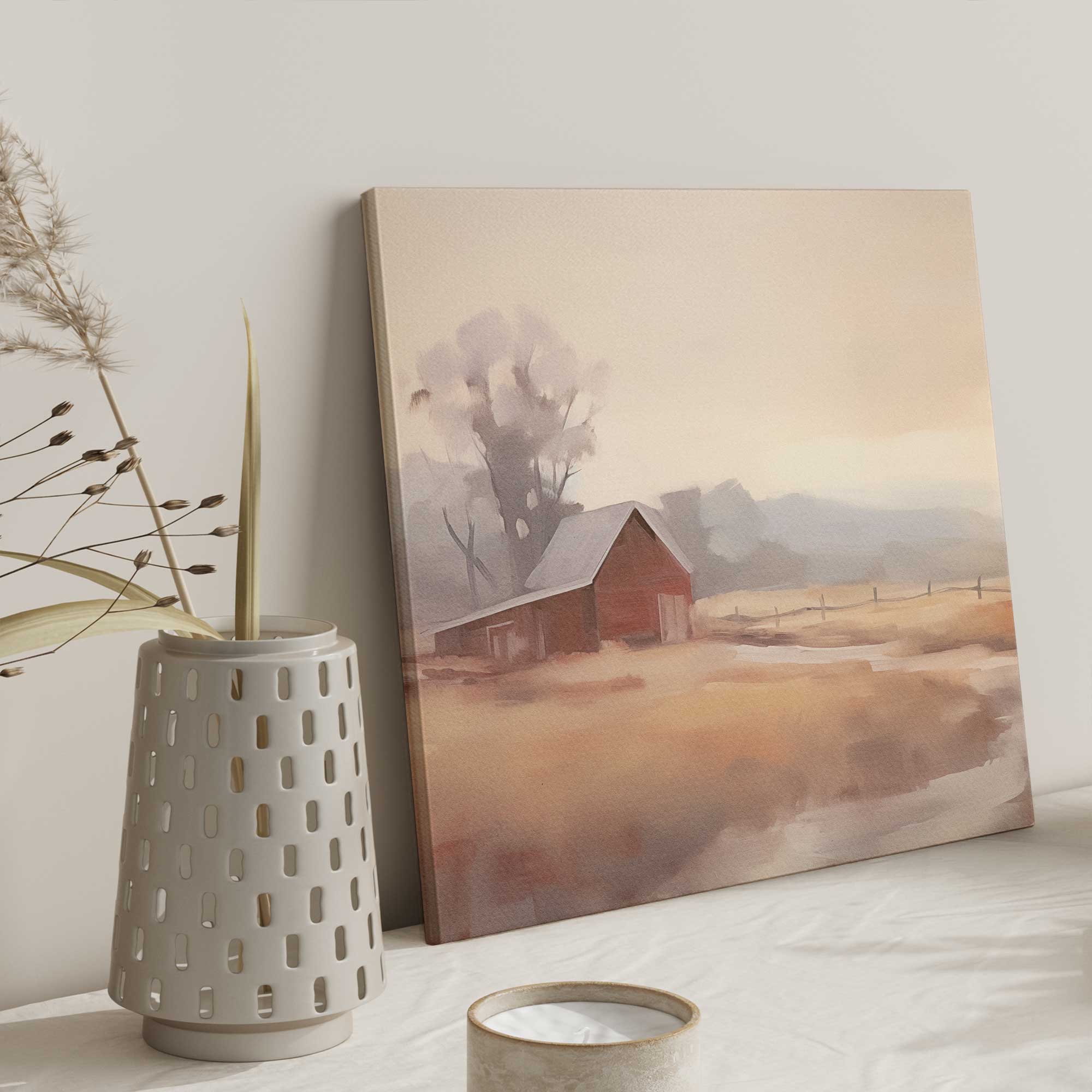 Barn and Misty Fields Print on canvas leaning against the wall on a console table