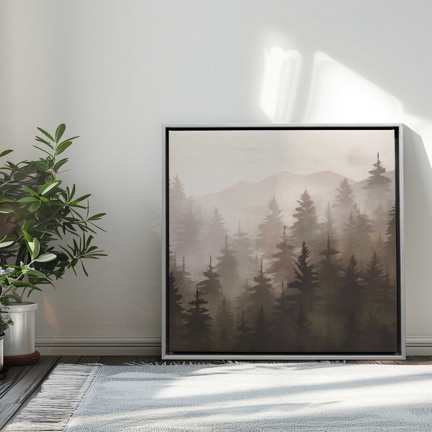 Misty Pine Forest in Brown Print on Canvas