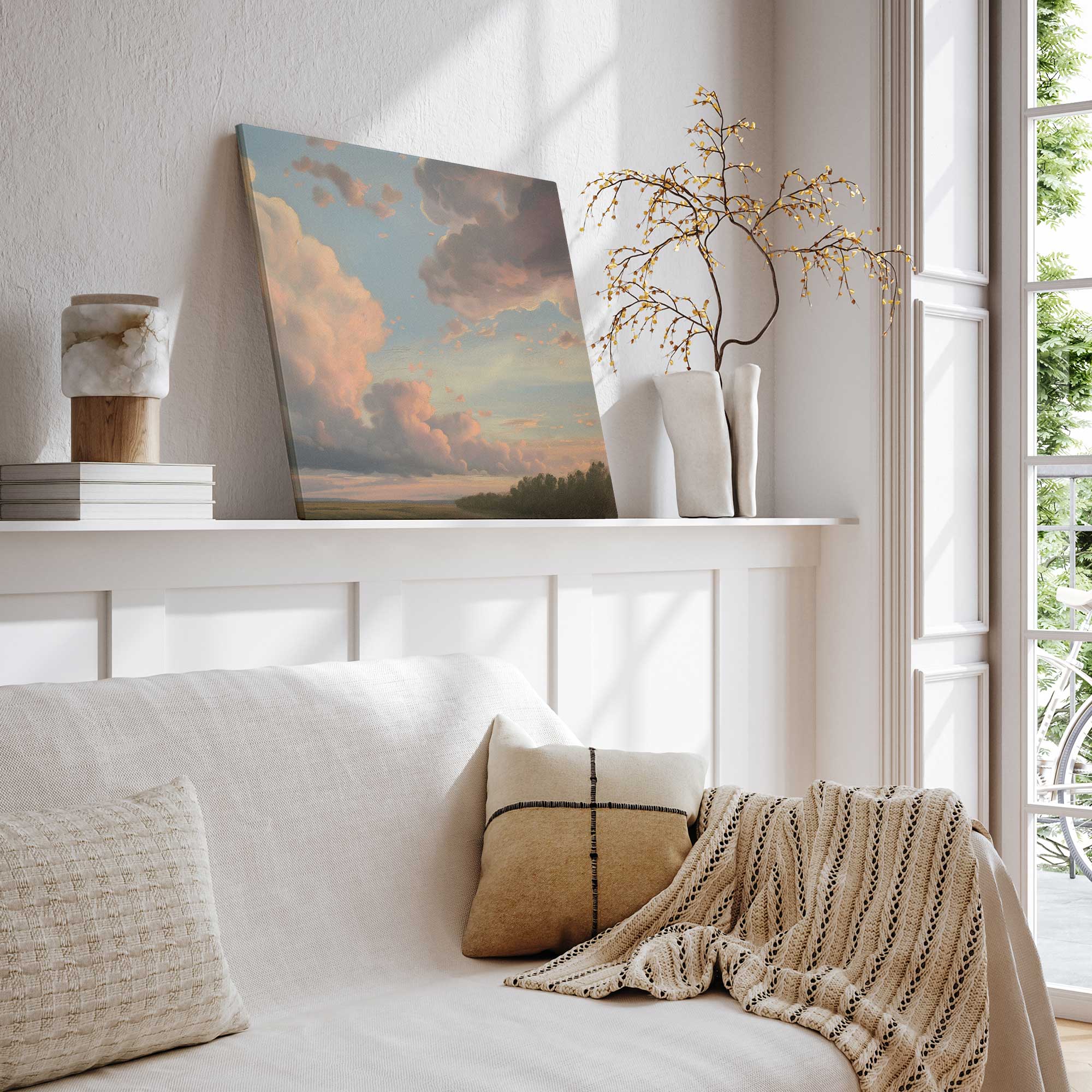 brilliant skies II canvas print leaning on shelf in reading corner