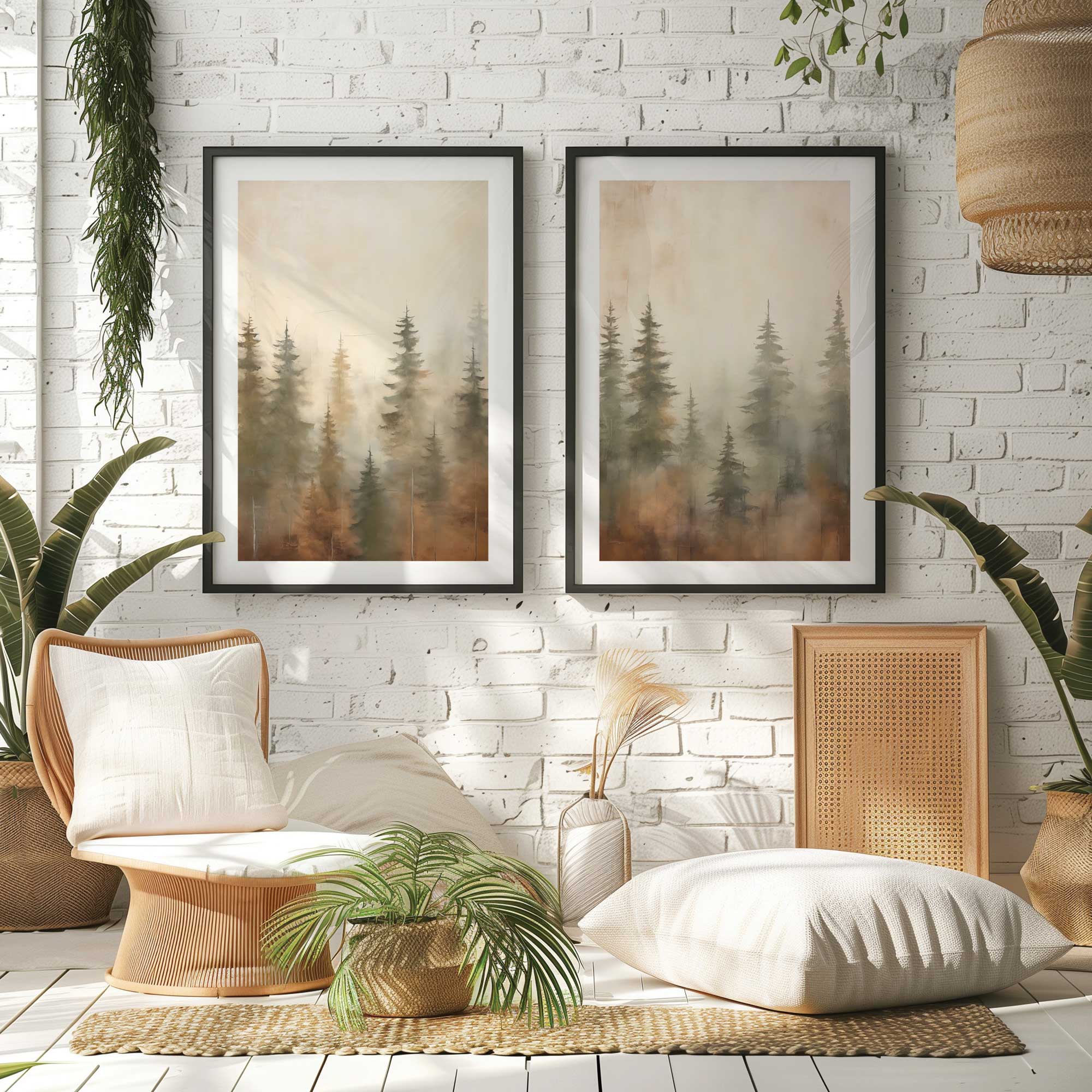 foggy autumn pines set of 2 prints in a cozy corner