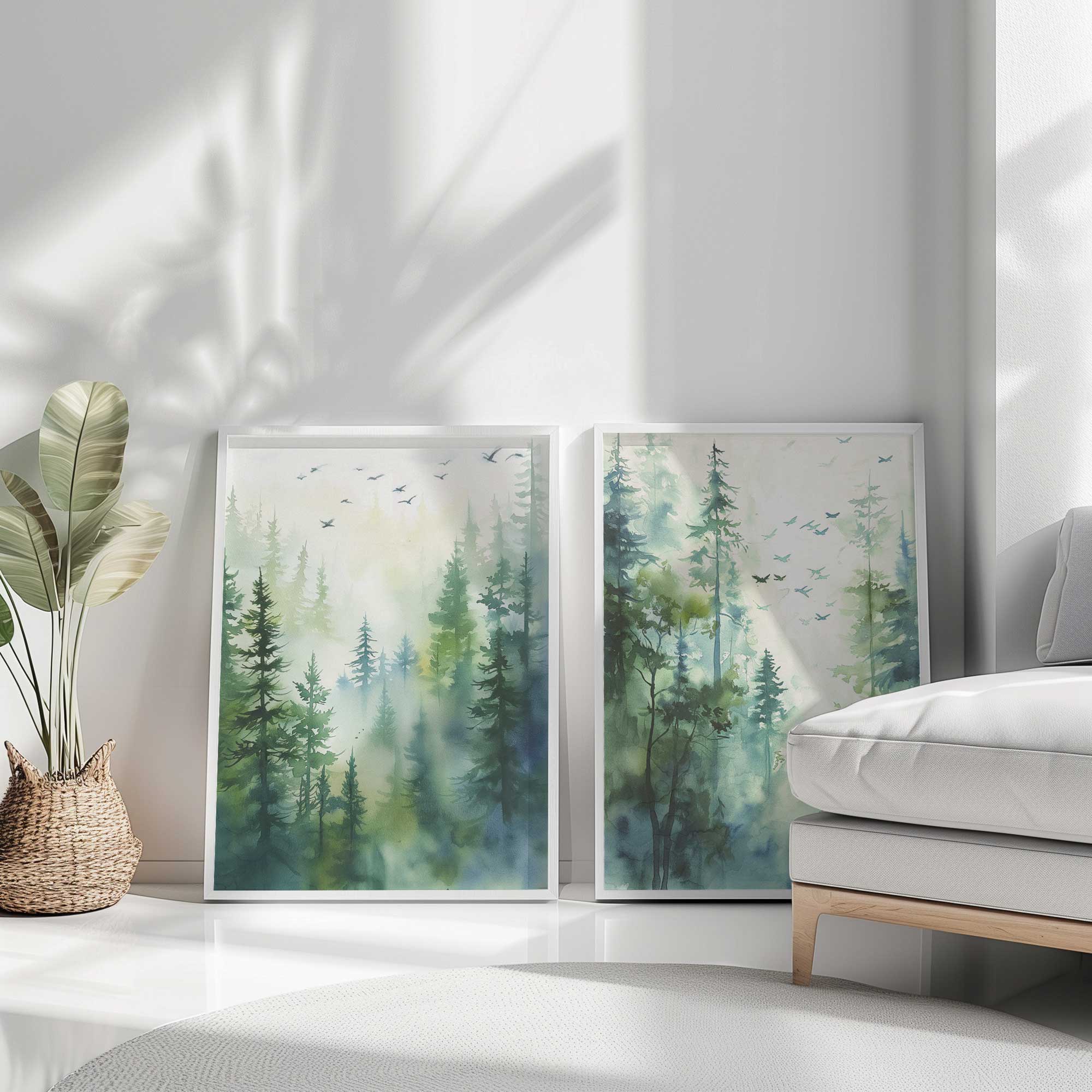 Serene Forest in flight set of 2 prints in white frames against a wall waiting to be hung up