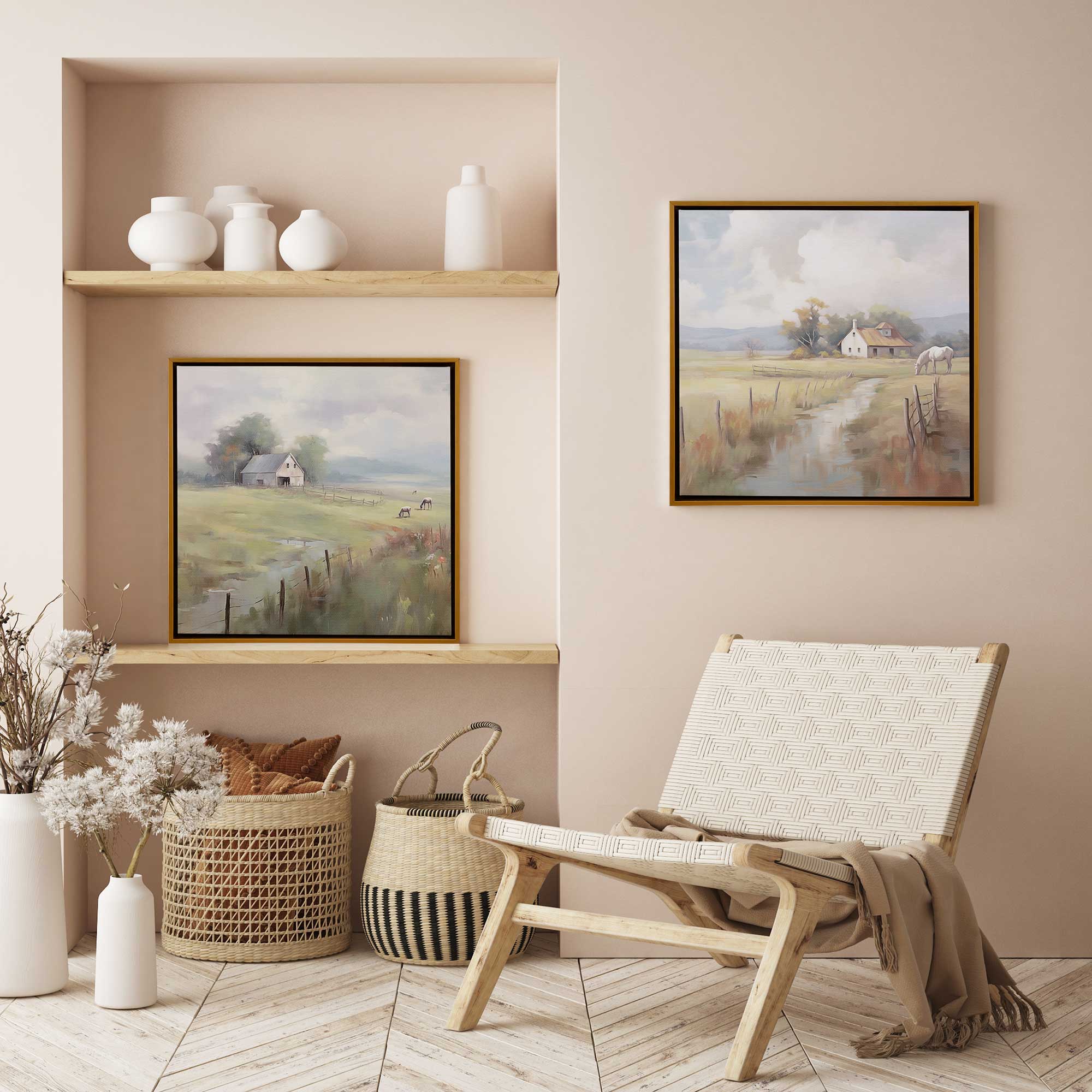 countryside farmhouse bliss set of 2 framed canvas prints in a rustic living room
