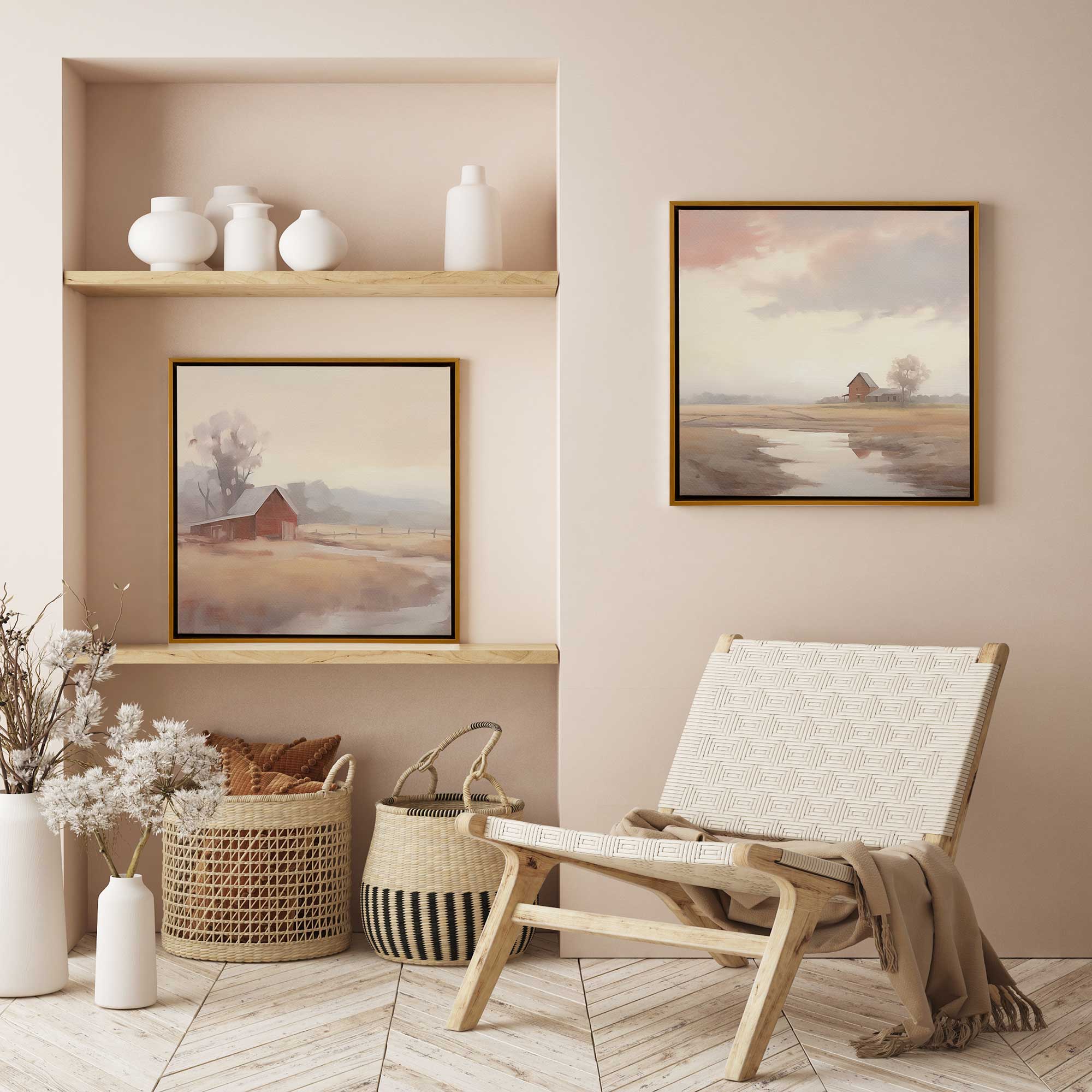 rustic barns and misty fields set of 3 framed canvas prints in a farmhouse style room