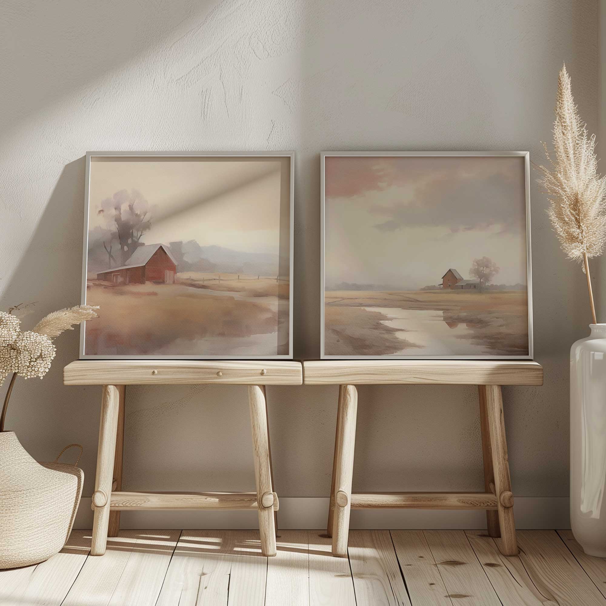 rustic barns and misty fields set of 2 prints leaning against wall on stools