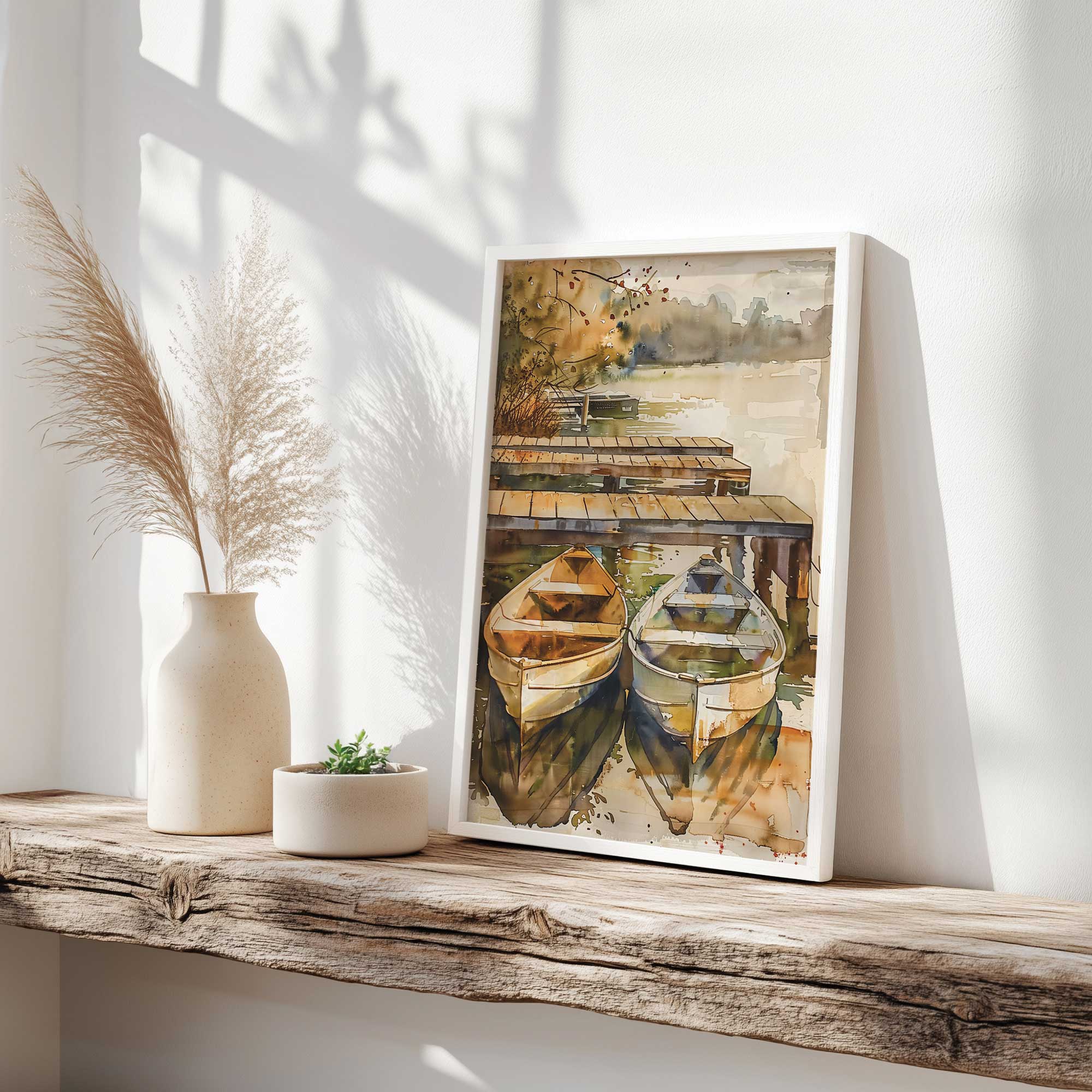 still waters and canoes print on natural wood shelf in living room