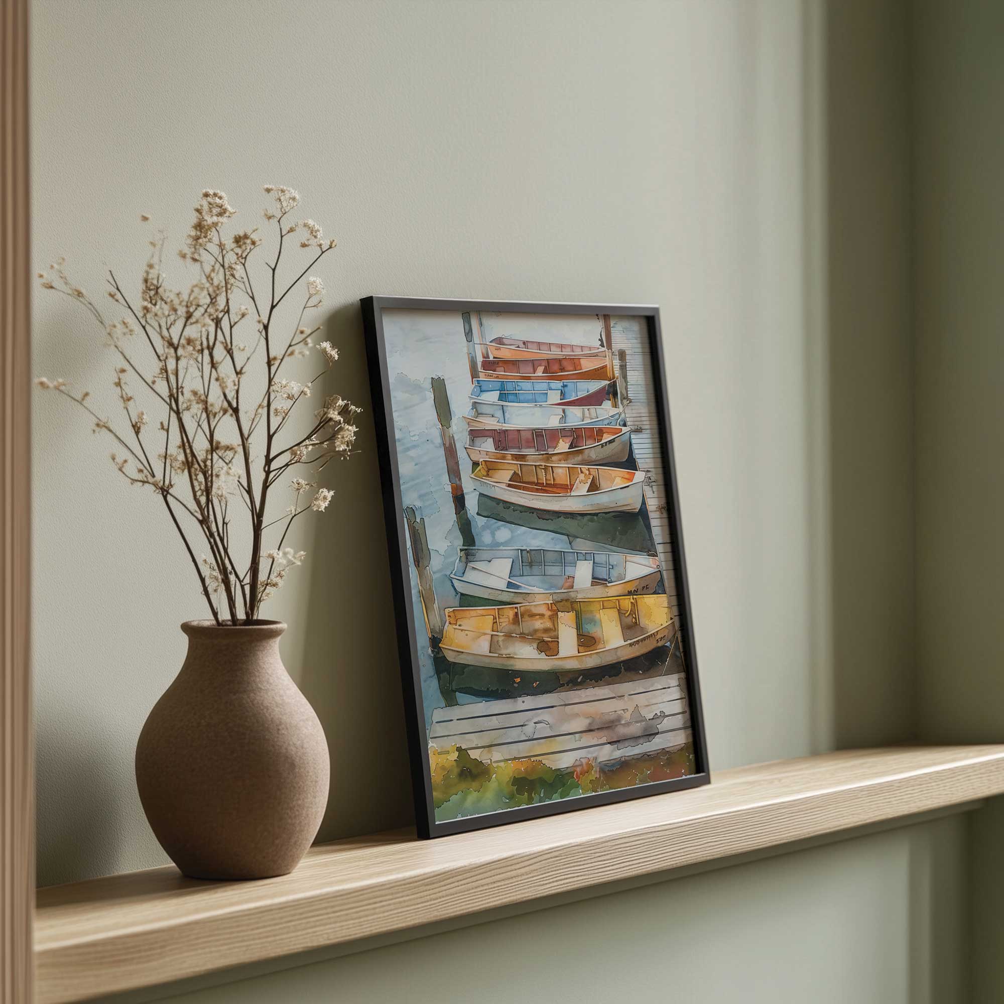 Docked and Dreaming I watercolor painting of docked canoes