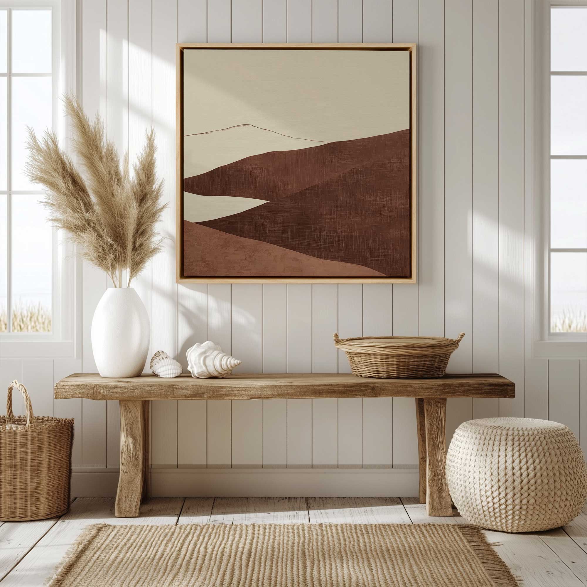terracotta dunes I canvas print in a maple floater frame hanging in a laundry room