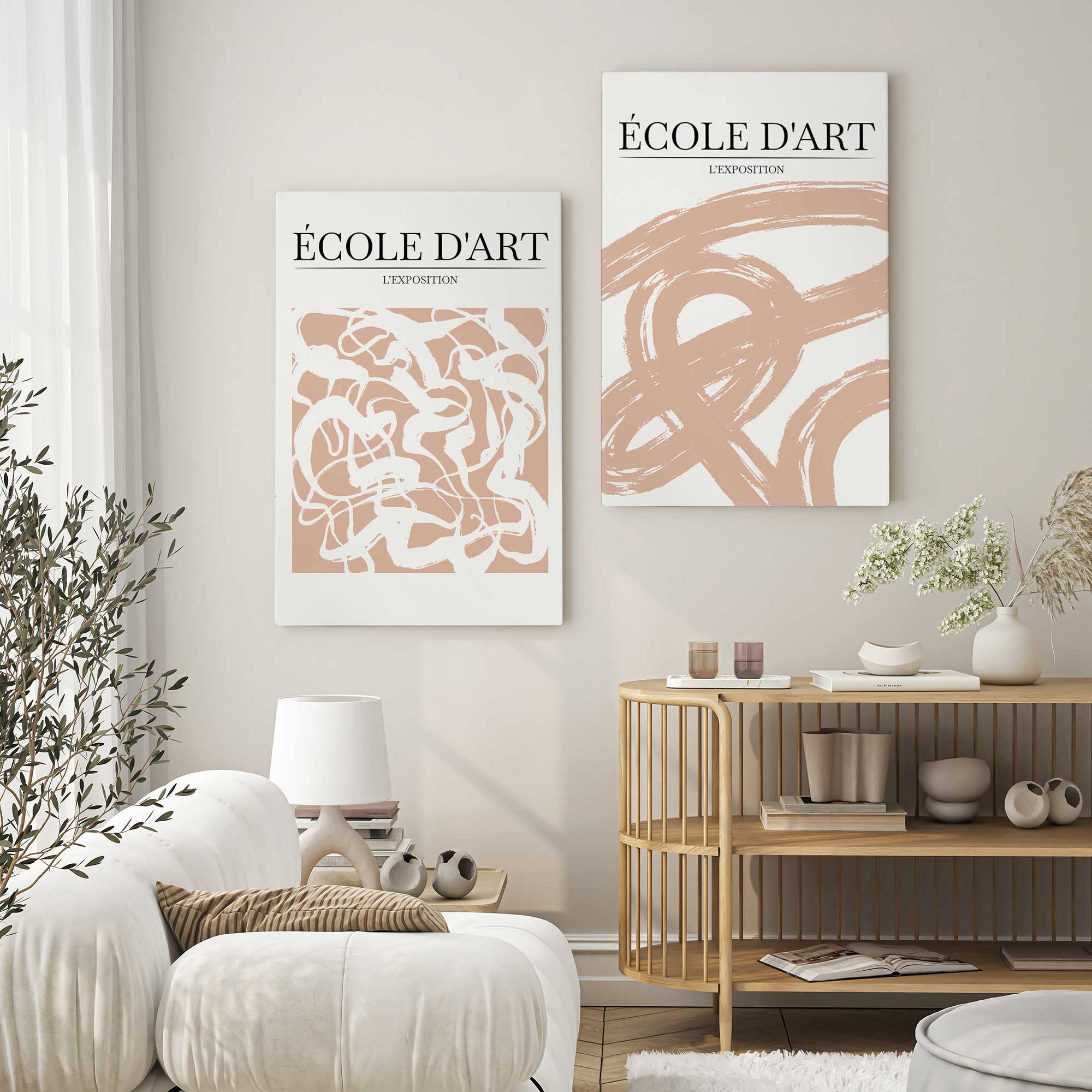 flowing forms set of 2 canvas prints hanging in a boho living room