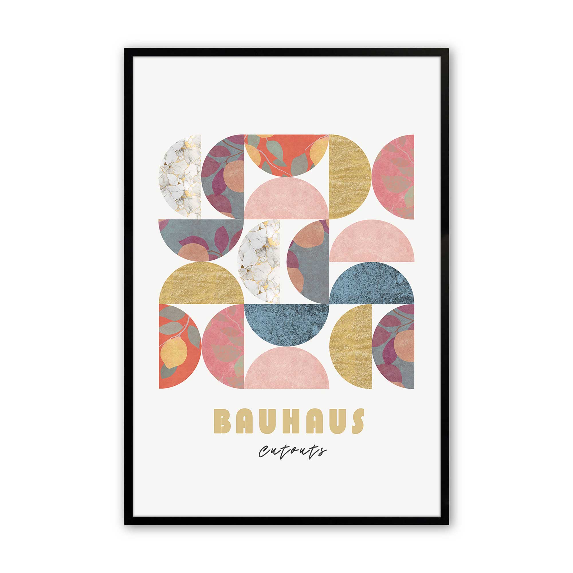 pasterl and gold bauhaus shapes print in a black frame