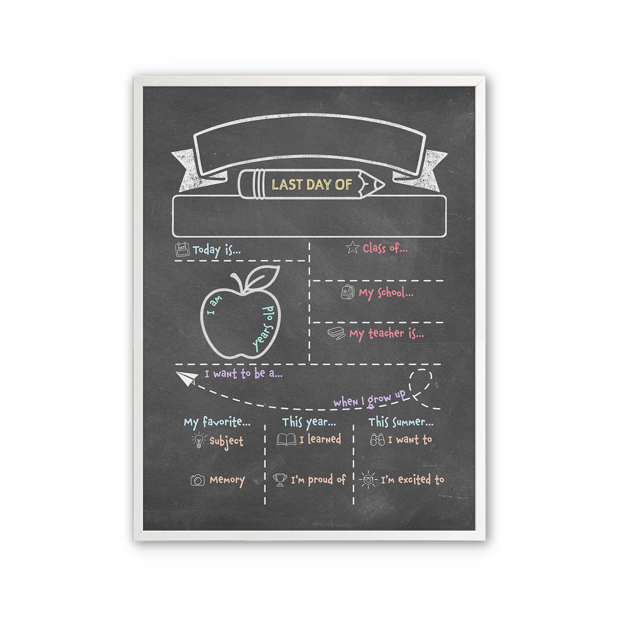 black dry erase last day of school board in a white frame