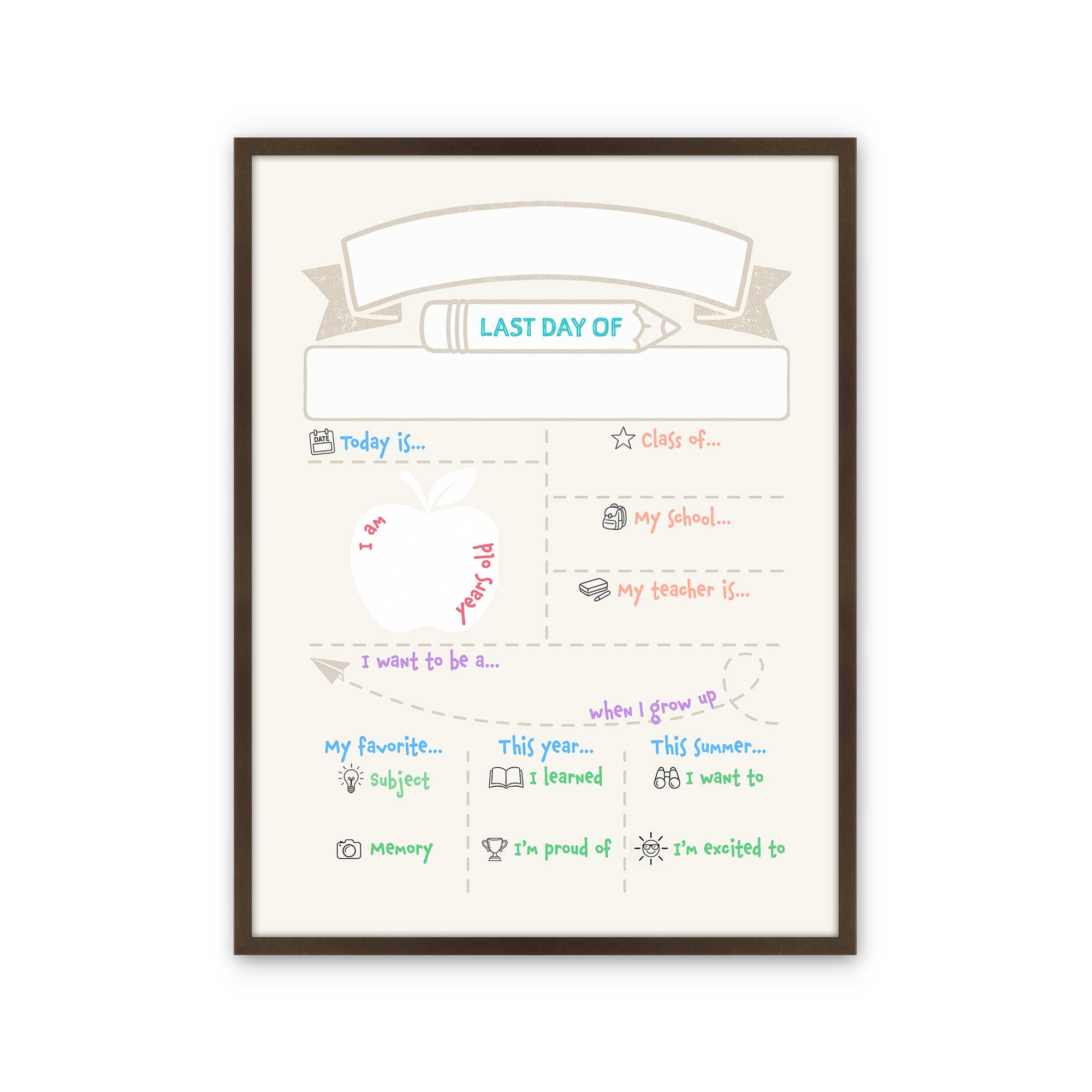 white dry erase last day of school board in a walnut frame