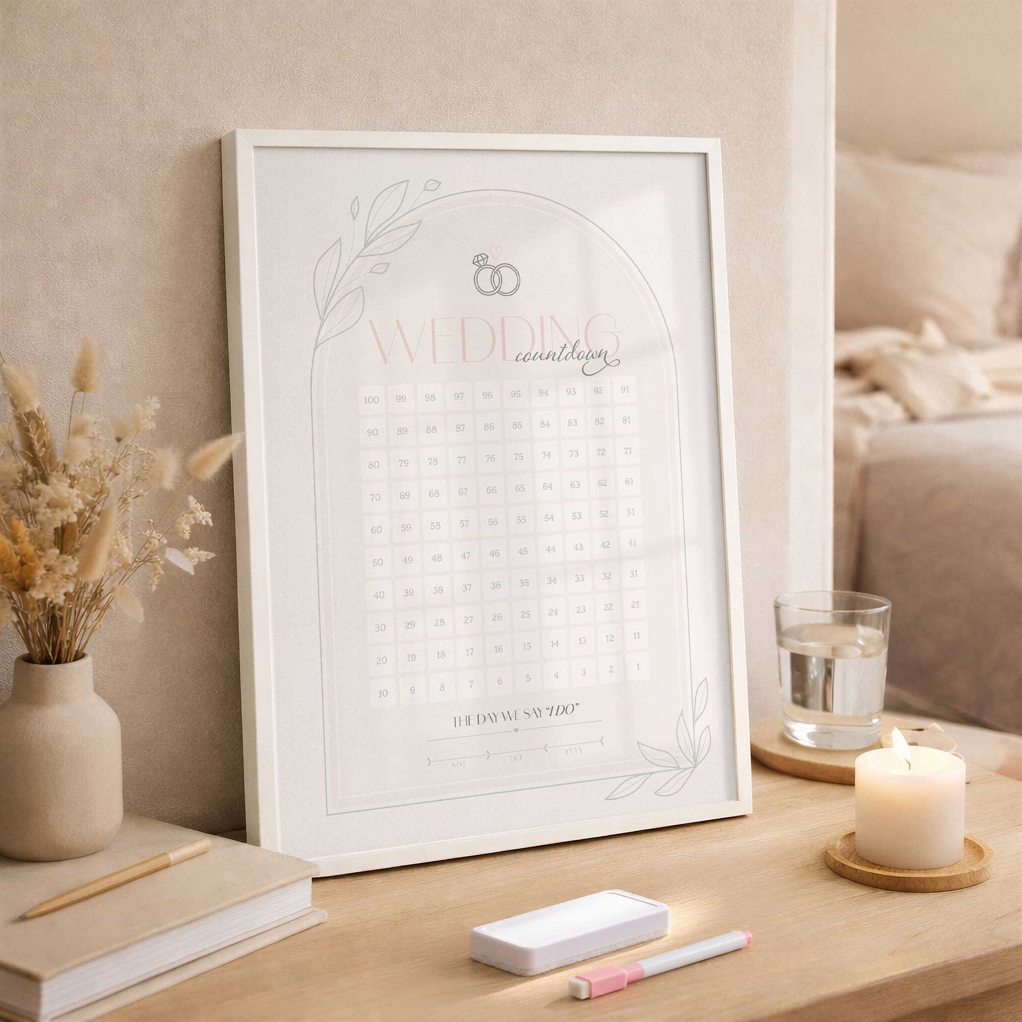 dry erase wedding countdown board on a side table