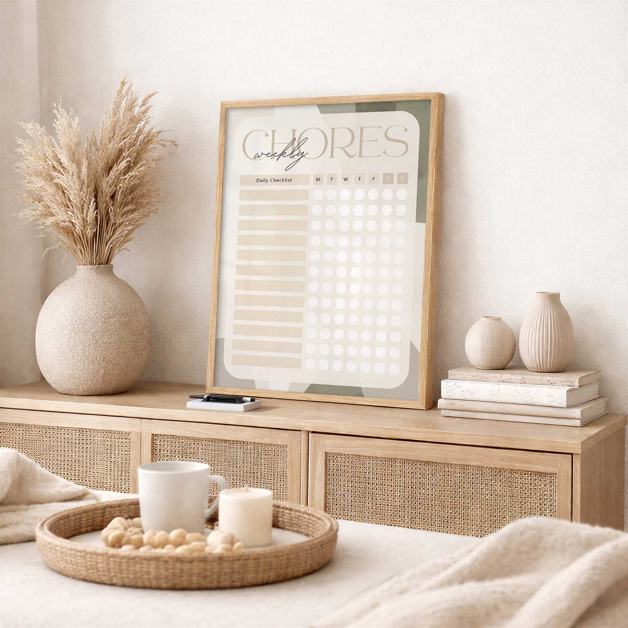 weekly chores dry erase chart leaning on a console table