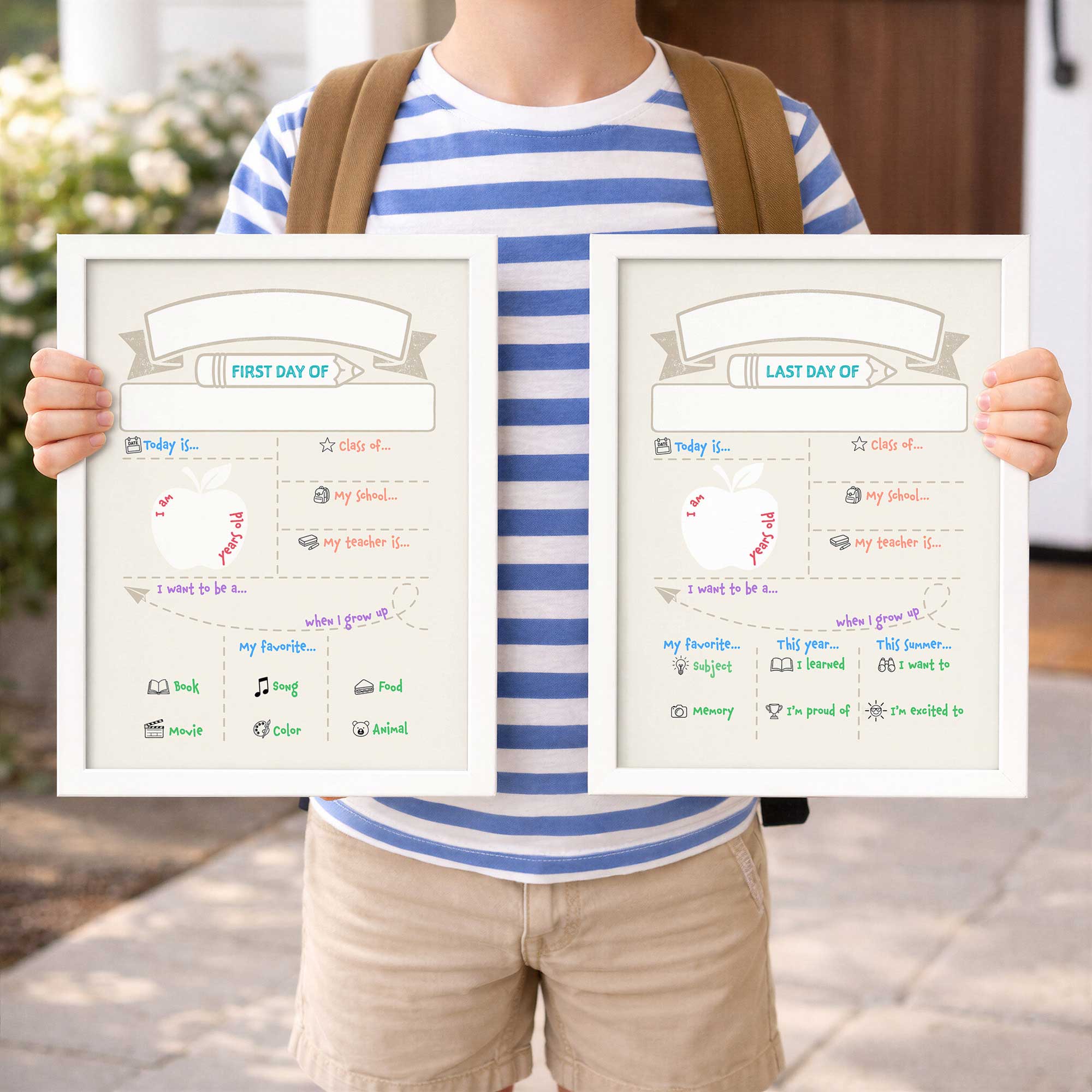 Dry Erase first and last day of school boards in white held up by a student