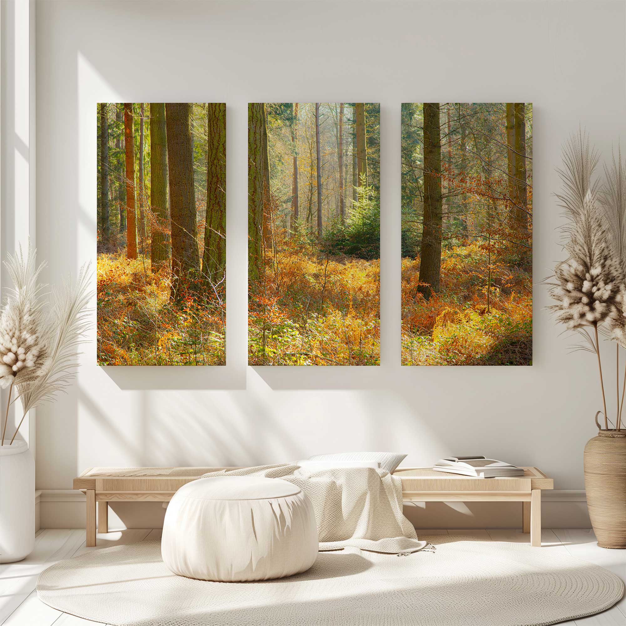 autumn whispers in Normandy forest nature large canvas print split in 3 panels hanging in entryway