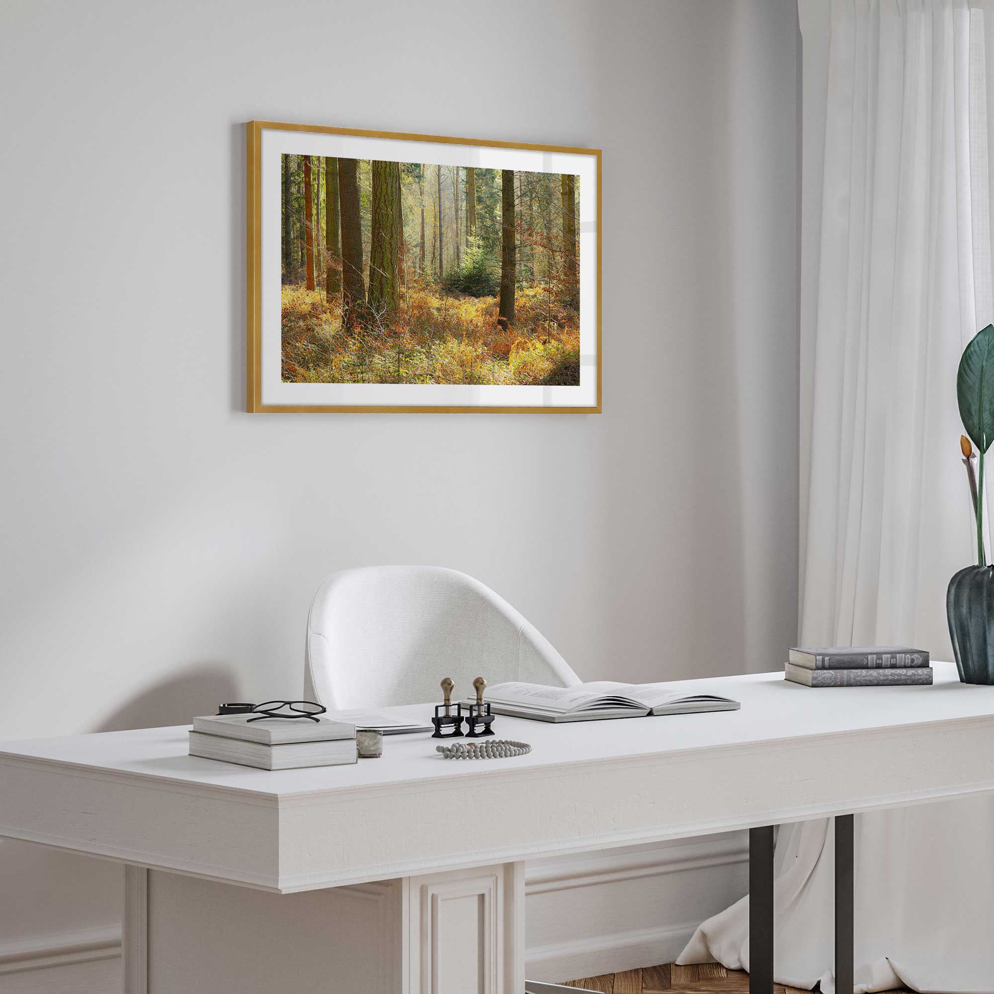 autumn whispers framed print hanging in traditional clean office