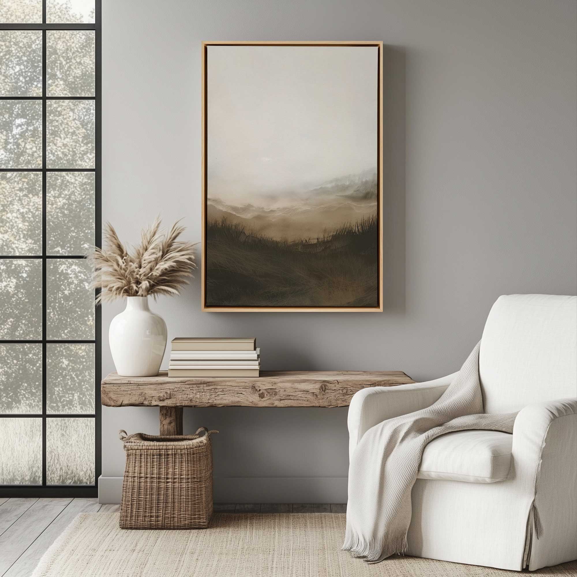 Fogbound meadows I print on canvas in a maple frame hanging in Scandinavian sitting room