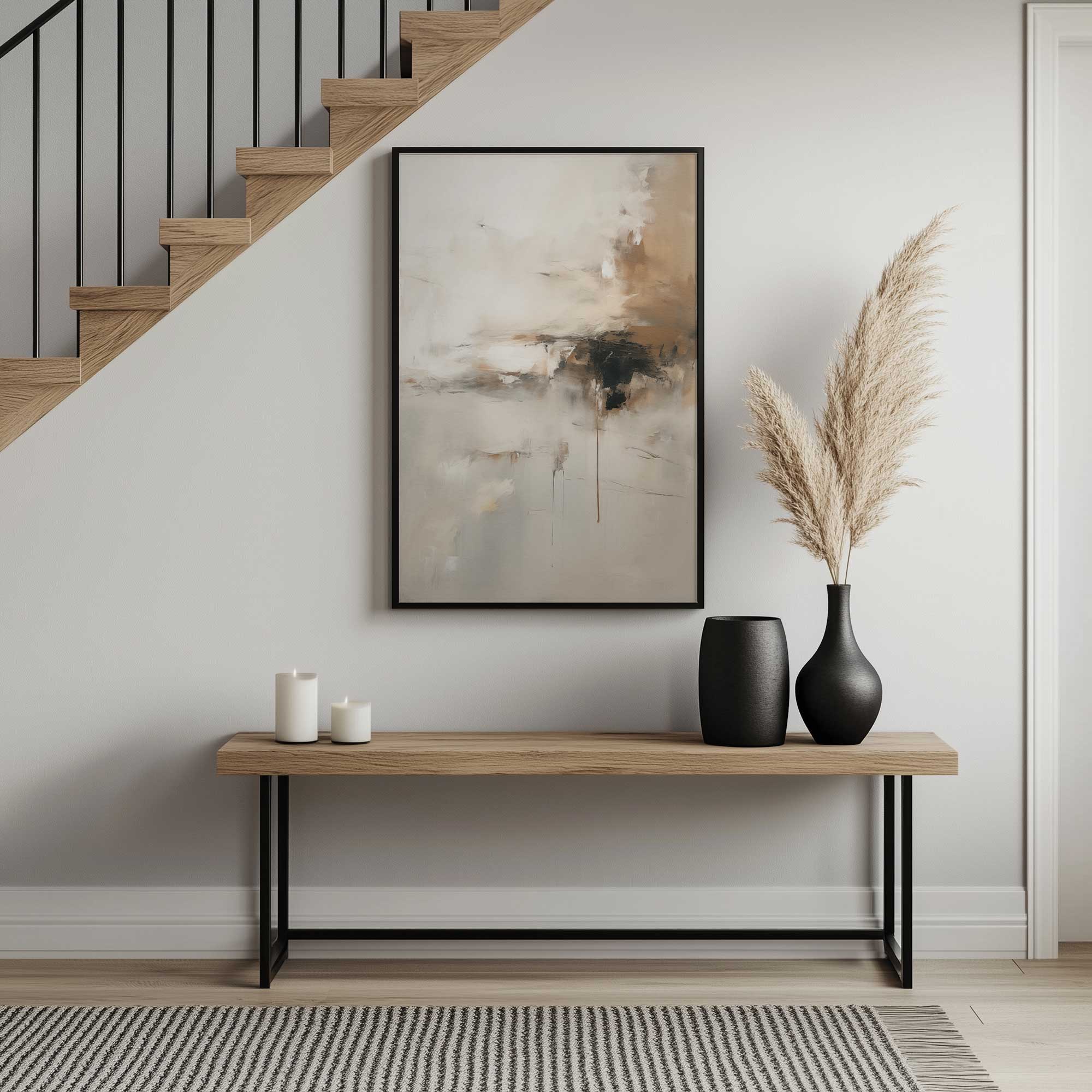 gentle gilded cust art print hanging in an entrway with natural wood textures