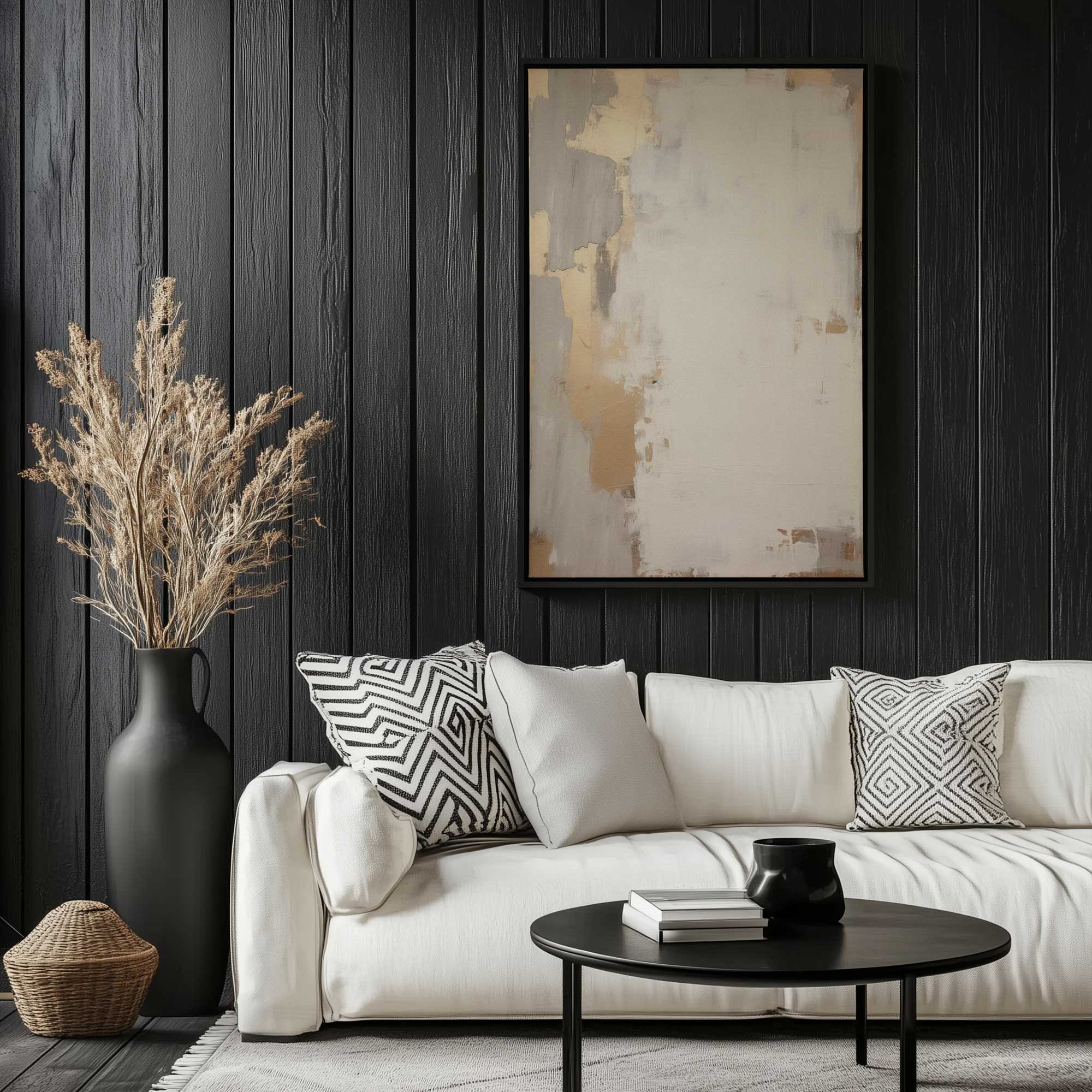 Golden Haze II framed canvas print hanging above a white couch