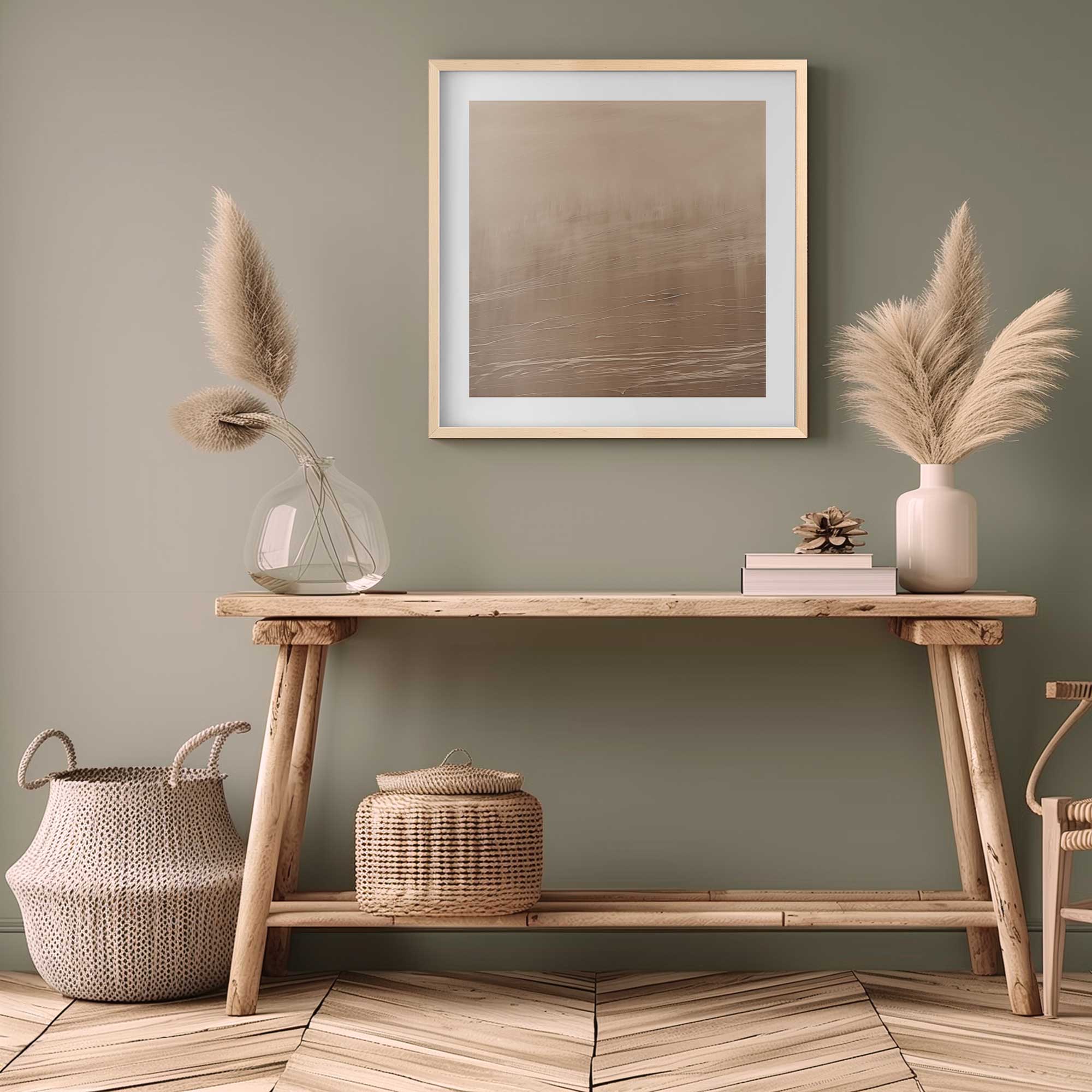 Silken Sandrifts v2 maple framed abstract art print hanging above a console table