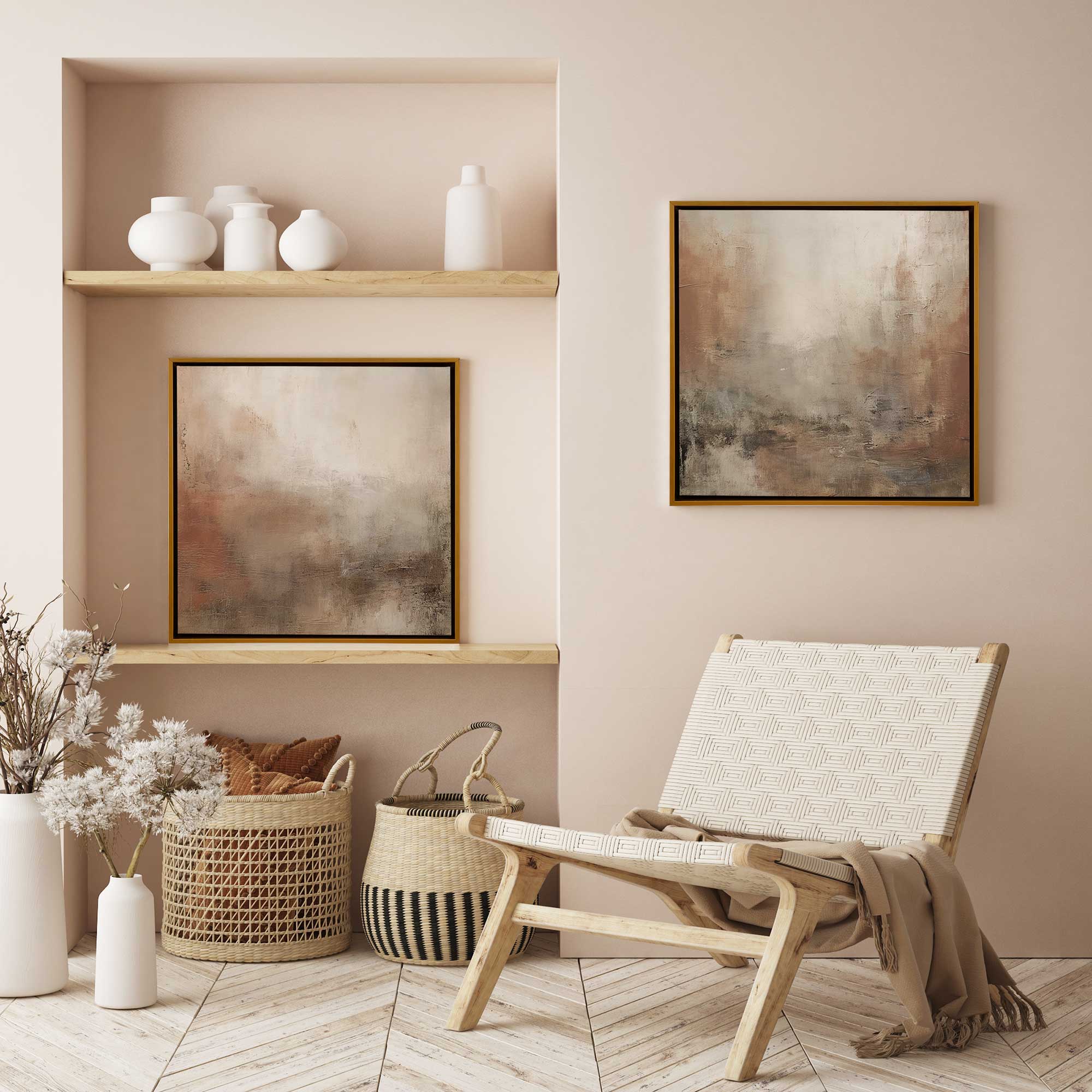 Russet Mists Unfolding set of 2 abstract prints hanging in sitting room