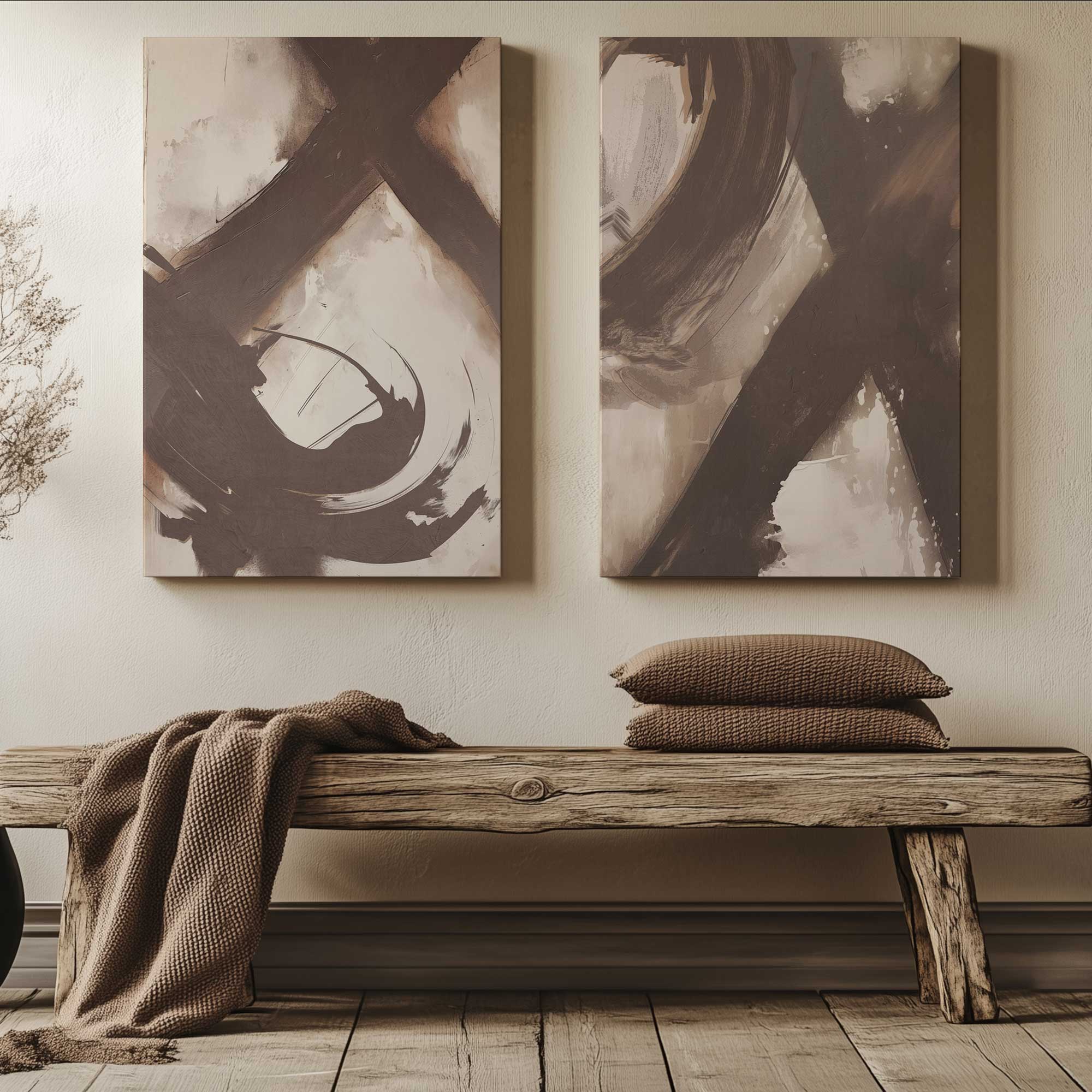 Abstract Sienna Swirl Set of 2 canvas abstract prints hanging above a bench