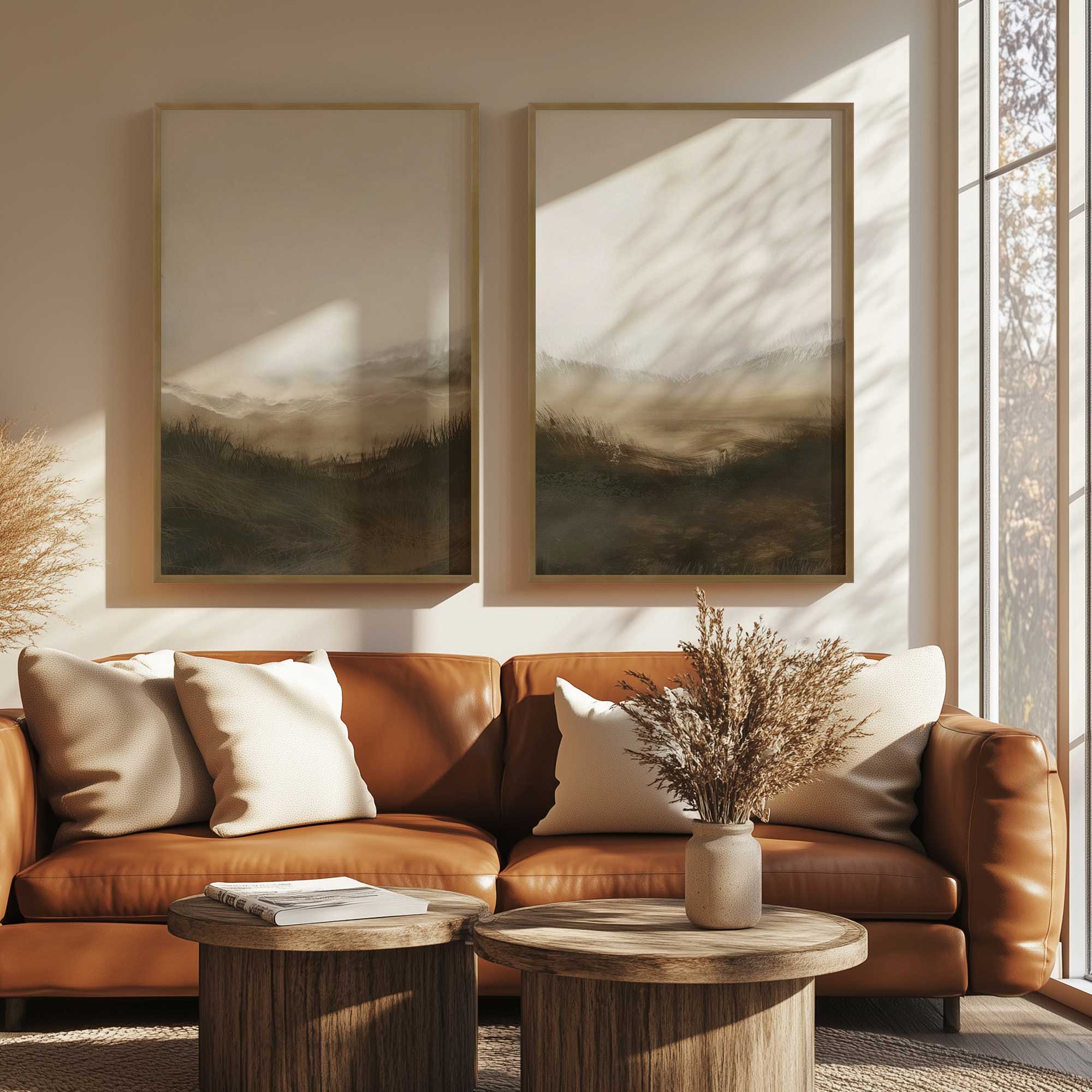 Fogbound Meadows set of 2 framed prints hanging above an orange leather couch