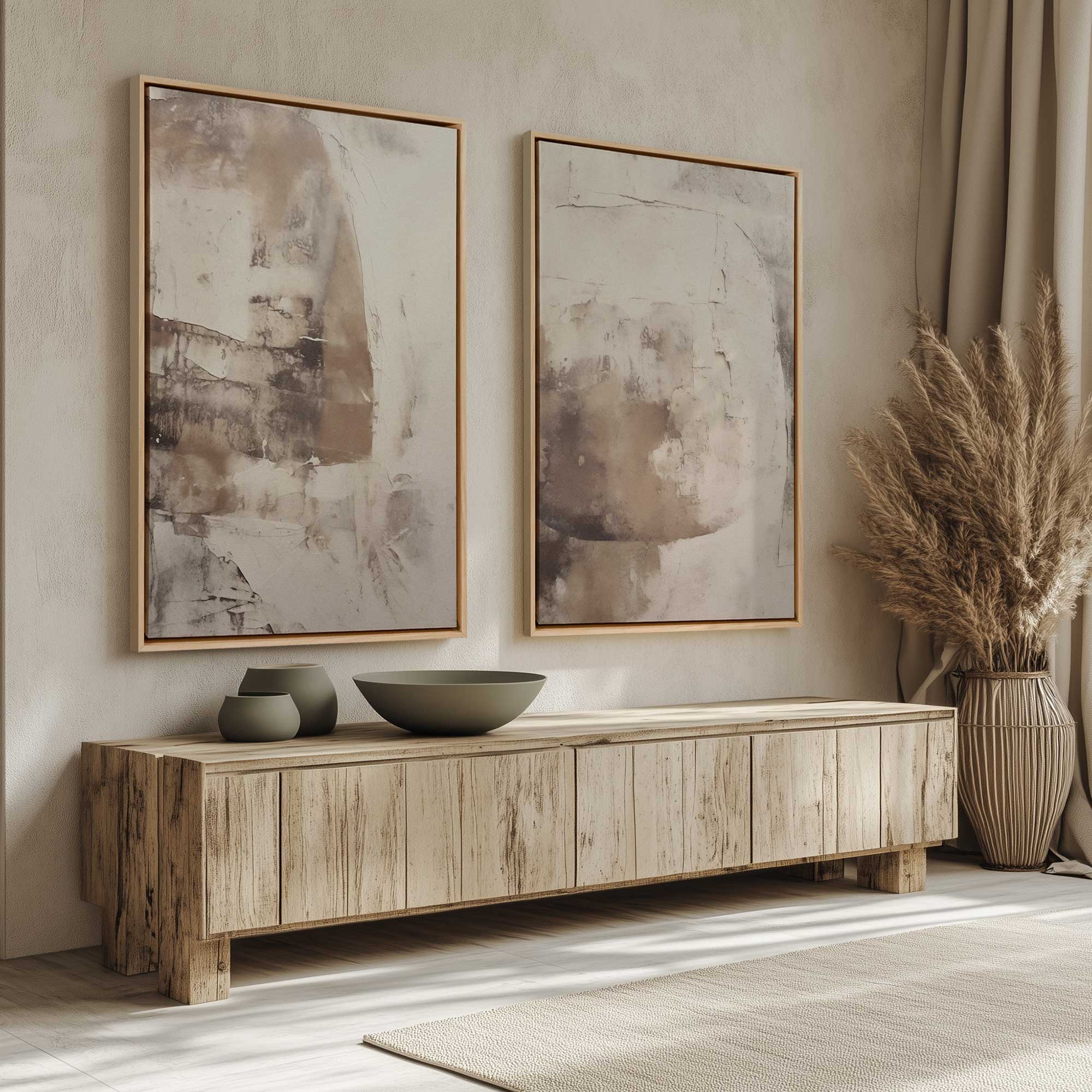 Mocha Musings set of 2 prints on canvas in maple floater frames hanging above a console table