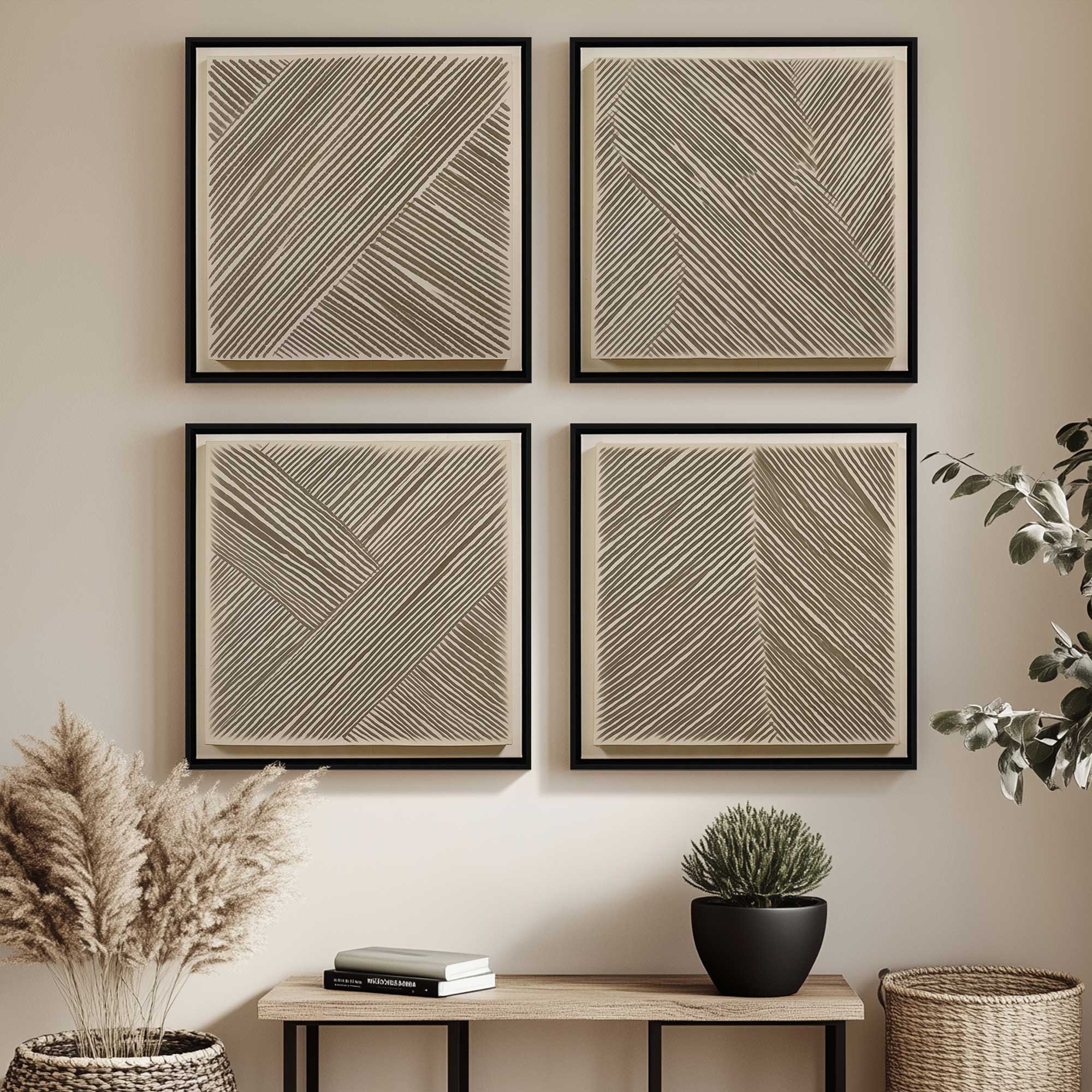 Linear Illusion set of 4 abstract prints hanging above a console table