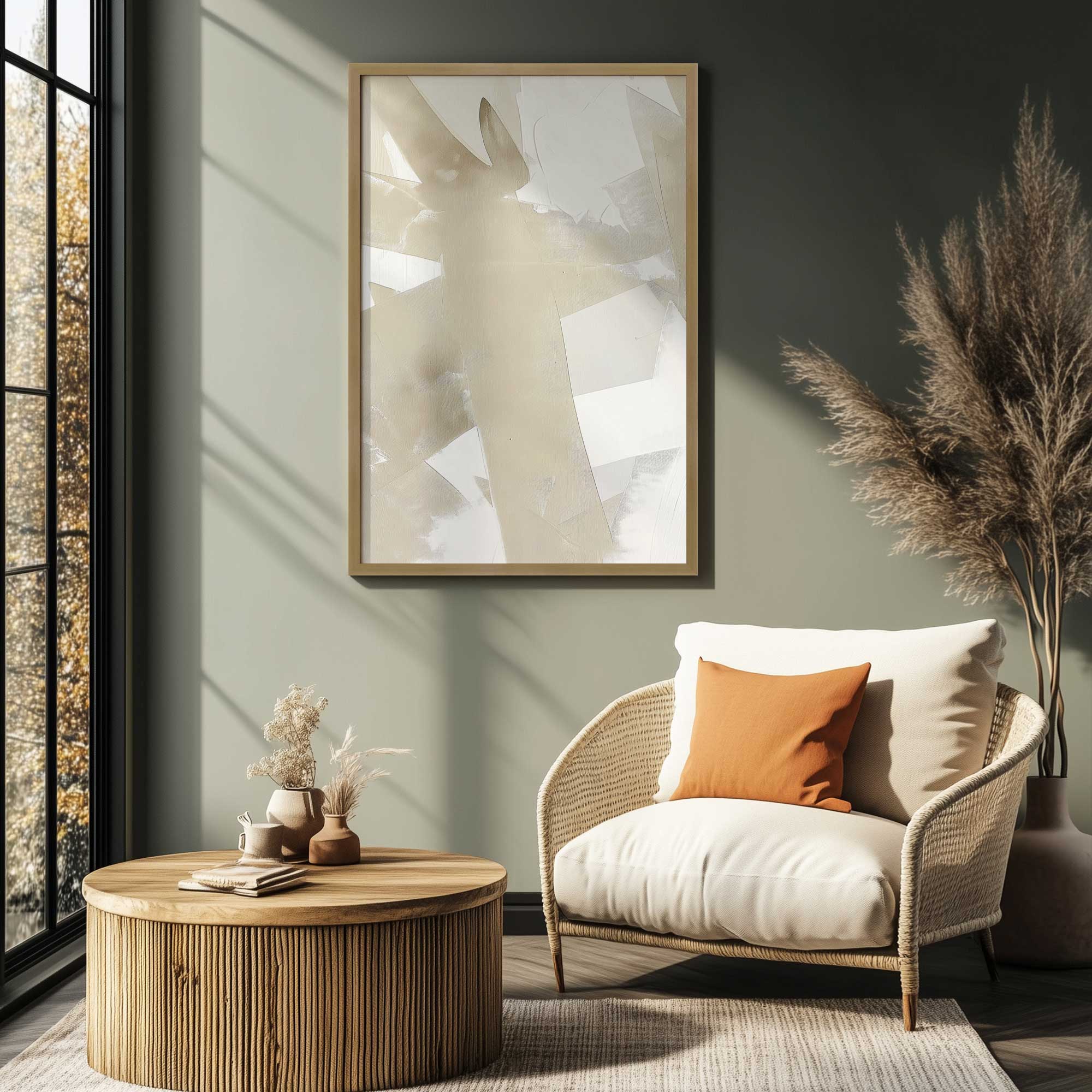 soft momentum I framed abstract print hanging in minimalist sitting room