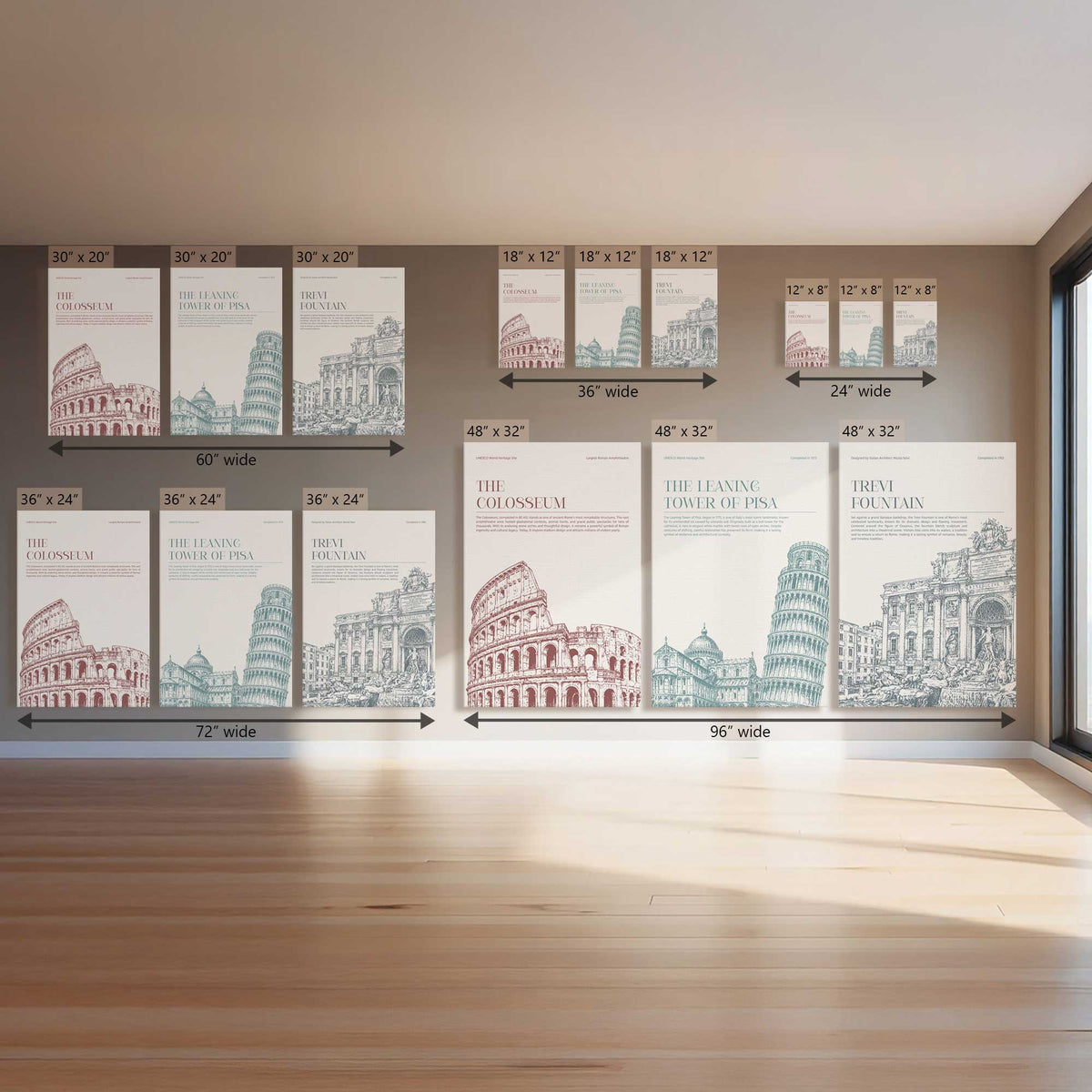 Italy Monuments Trio I, Set of 3 Prints on Canvas