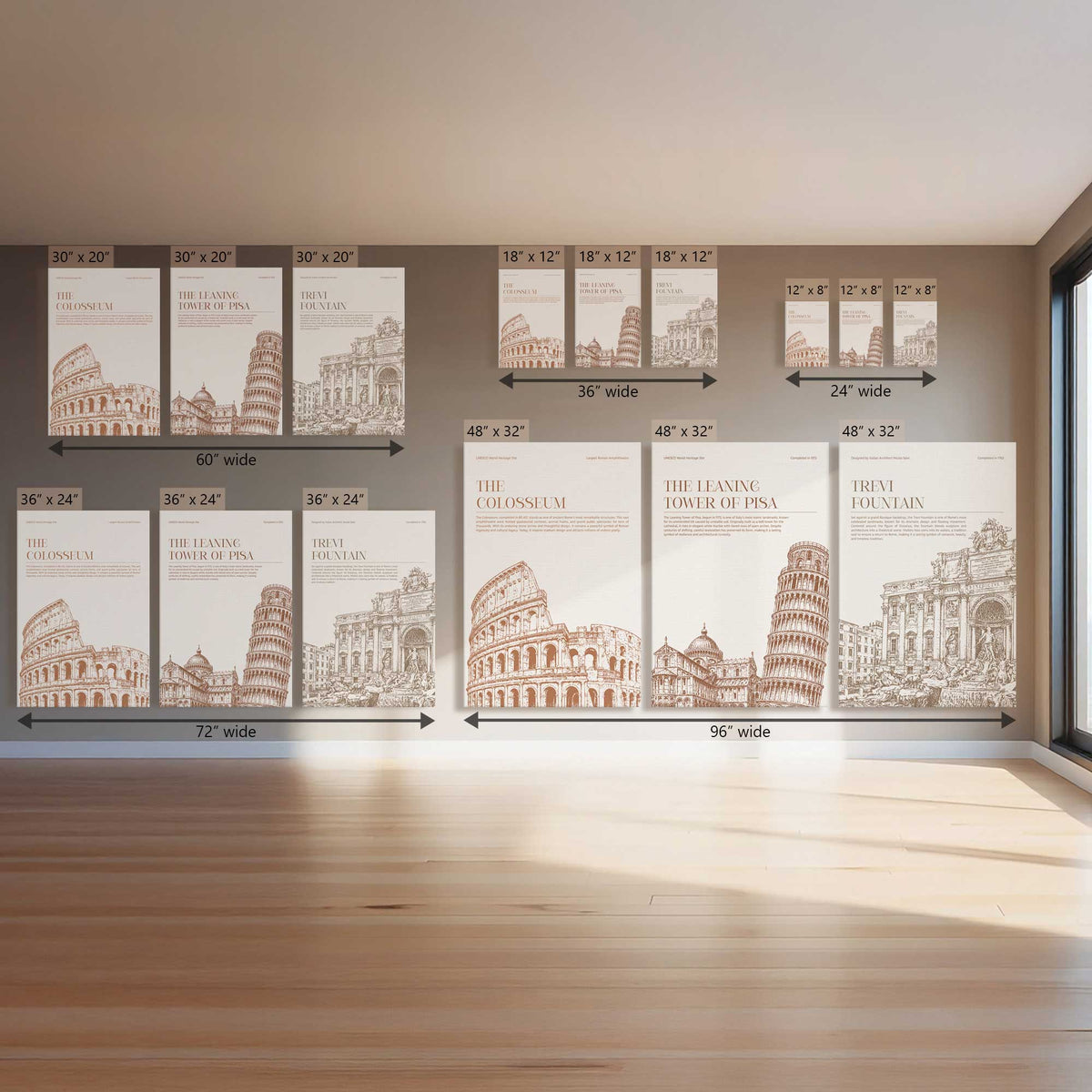 Italy Monuments Trio II, Set of 3 Prints on Canvas