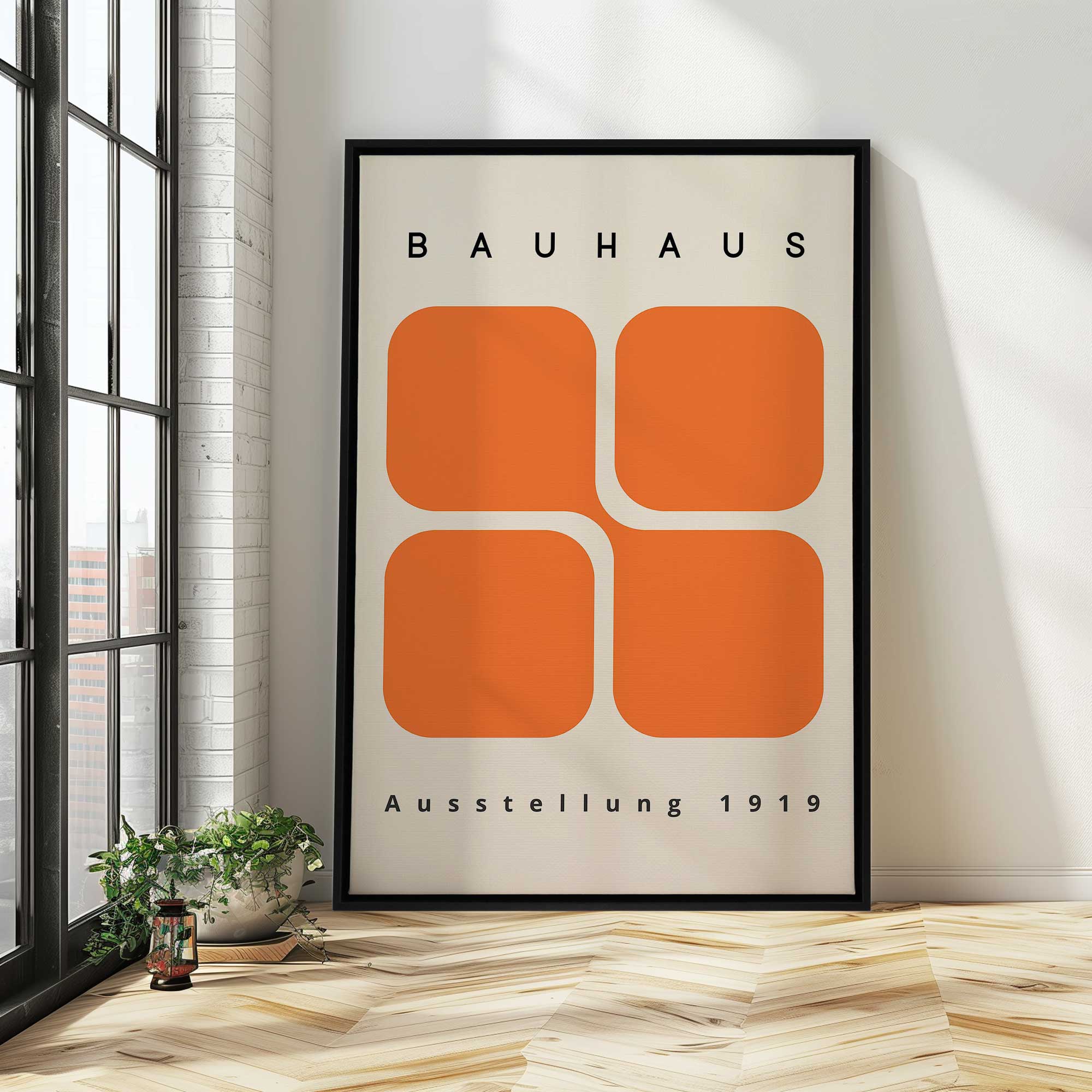 bauhaus 1919 retro blocks orange color block framed art print against wall