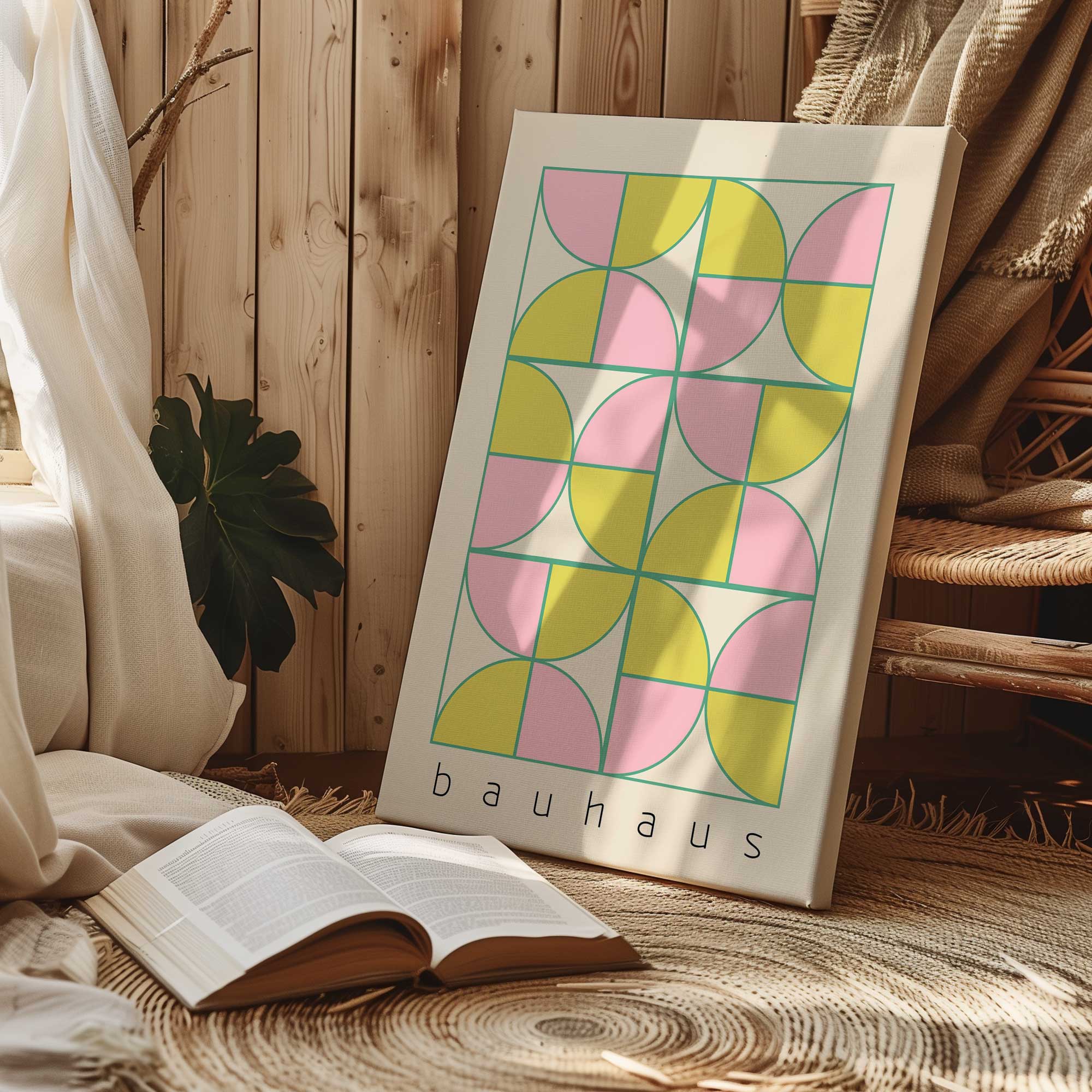 Bauhaus pastel play print on canvas in a book nook