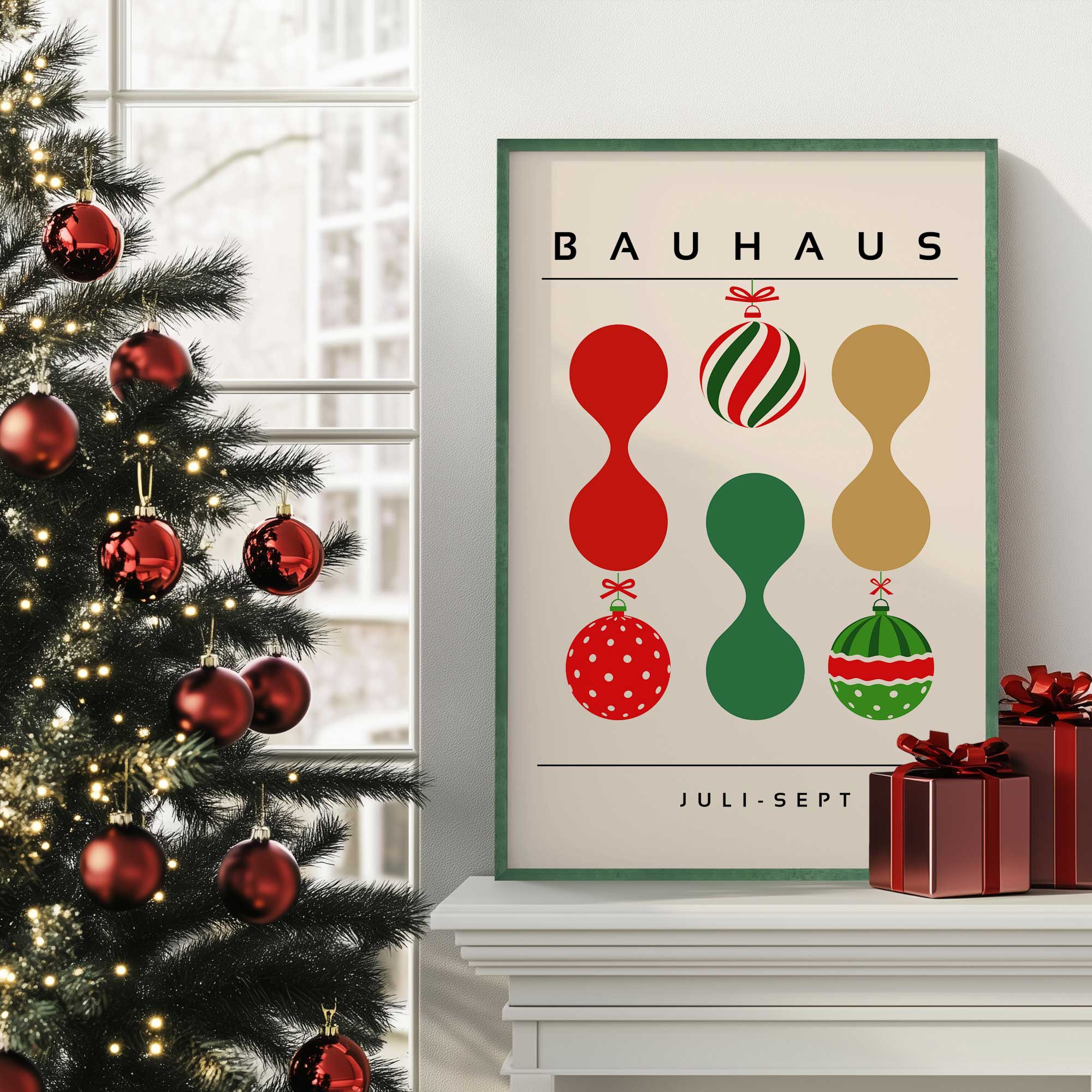 Bauhaus retro Christmas ornaments print on mantel