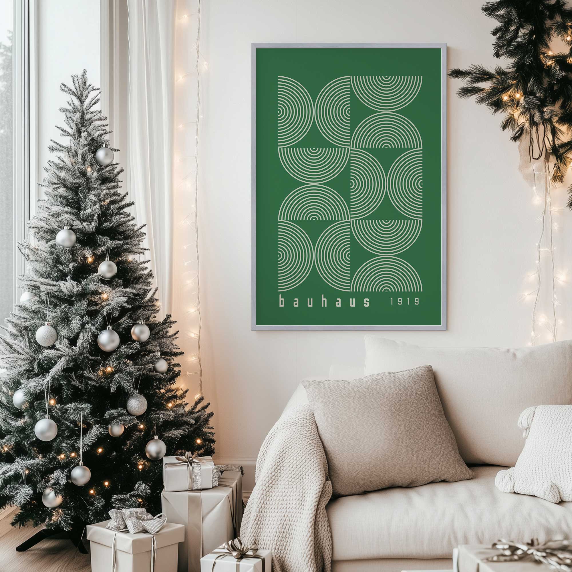 Bauhaus Modernist Green Lines print on wall next to Christmas tree