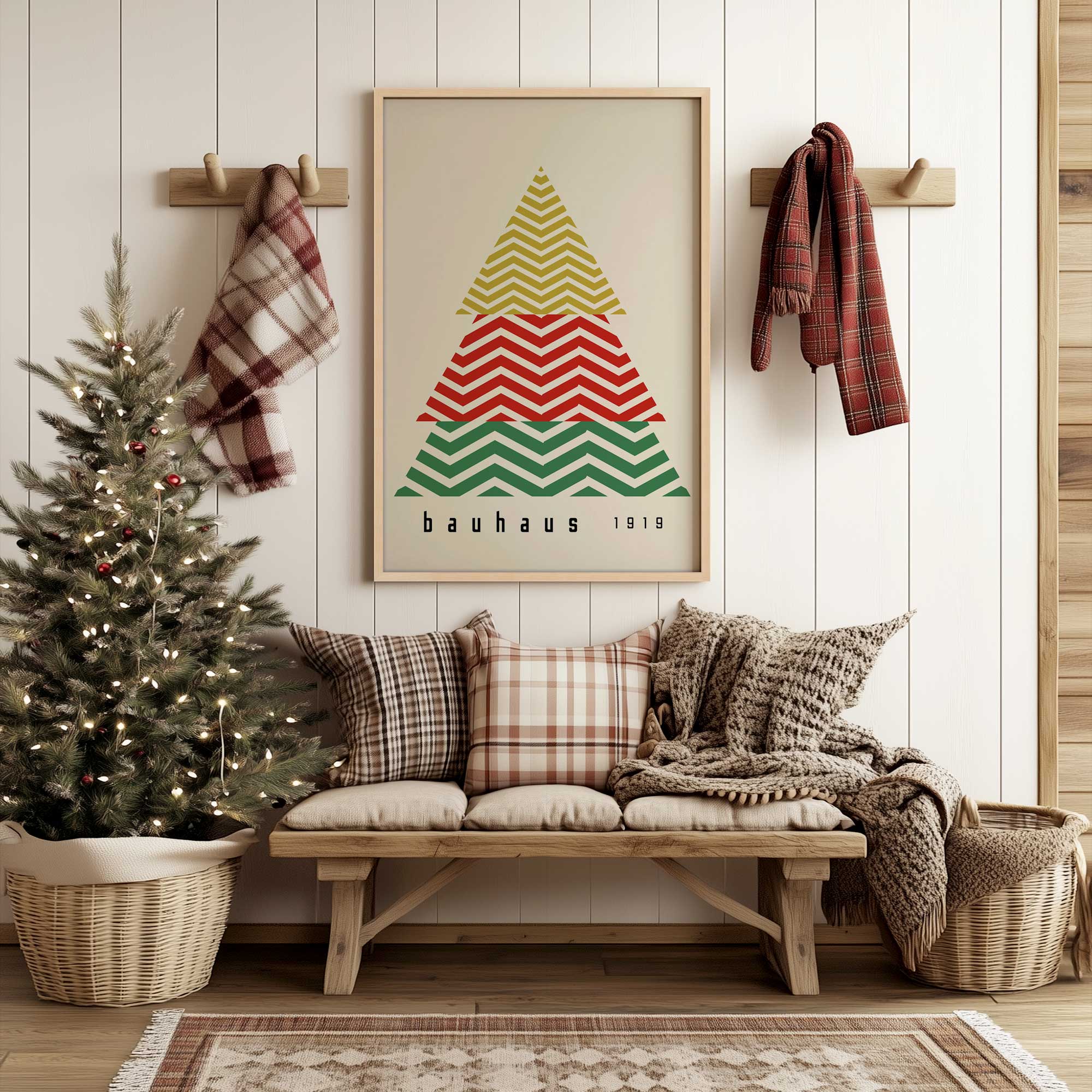 Bauhaus Christmas Tree Print above a rustic bench