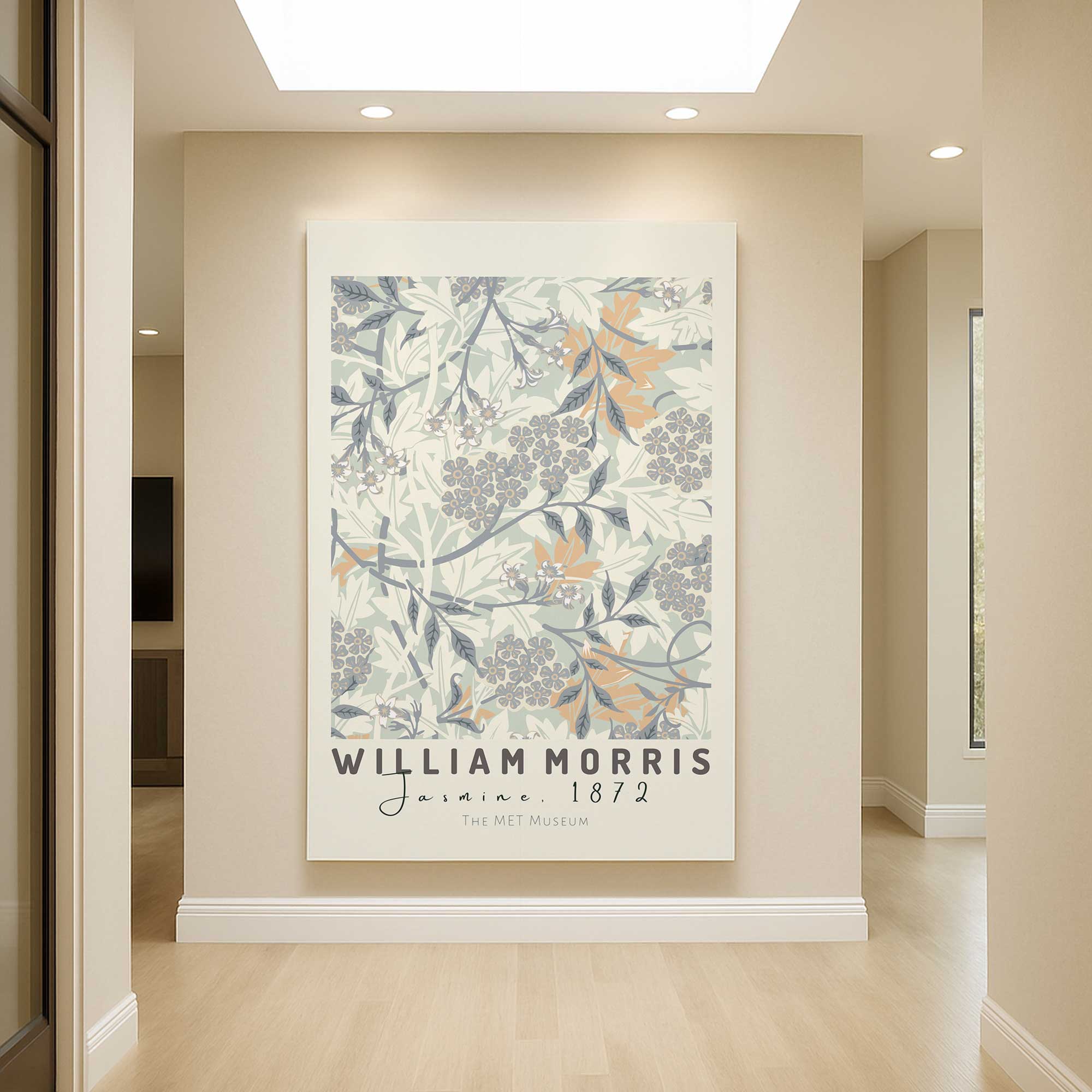 Beige Jasmine by William Morris large canvas print hanging on an accent wall in an open concept home