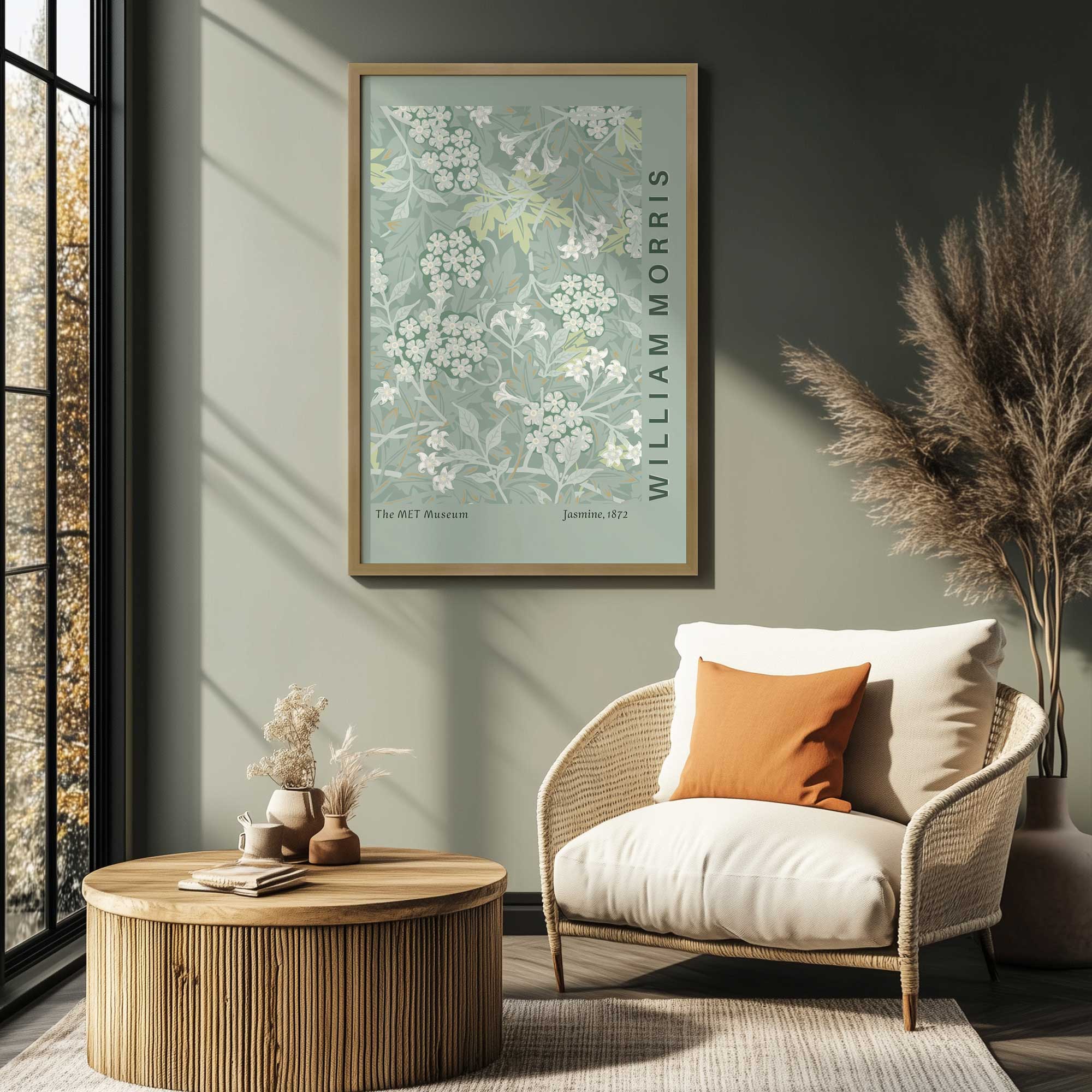 green jasmine by William Morris print in a gold frame in a green living room