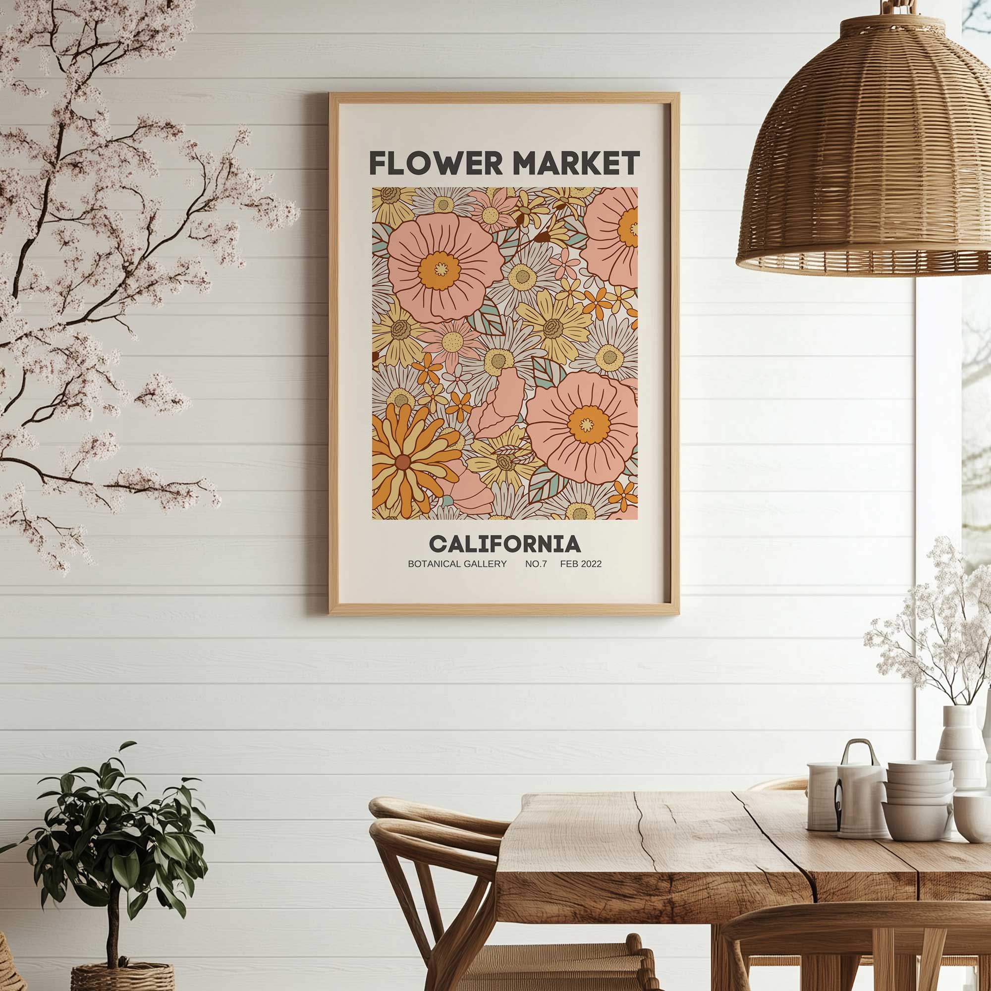 retro california flower market poster hanging in boho style kitchen