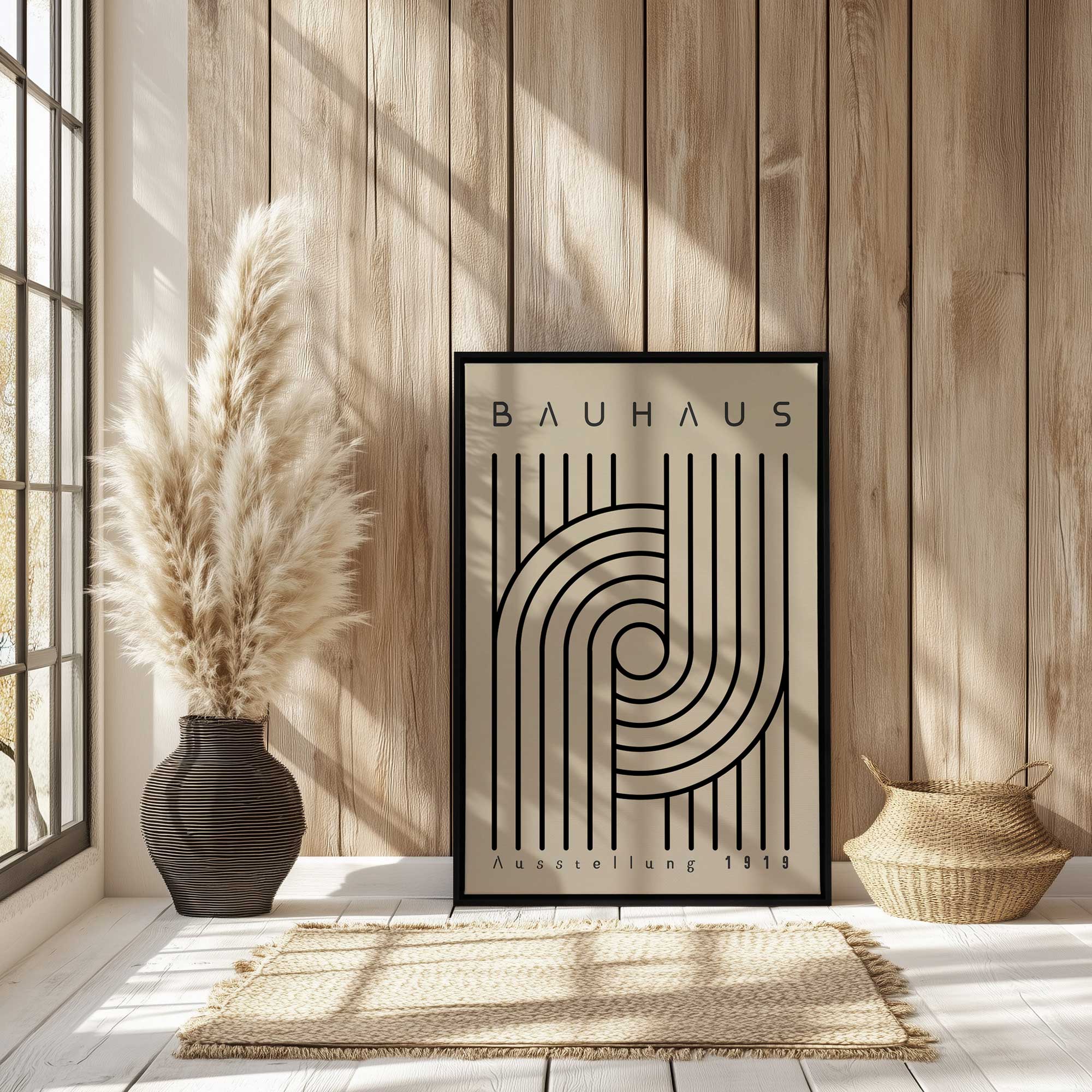 Monochrome bauhaus curves print on canvas leaning against the wall in an entryway