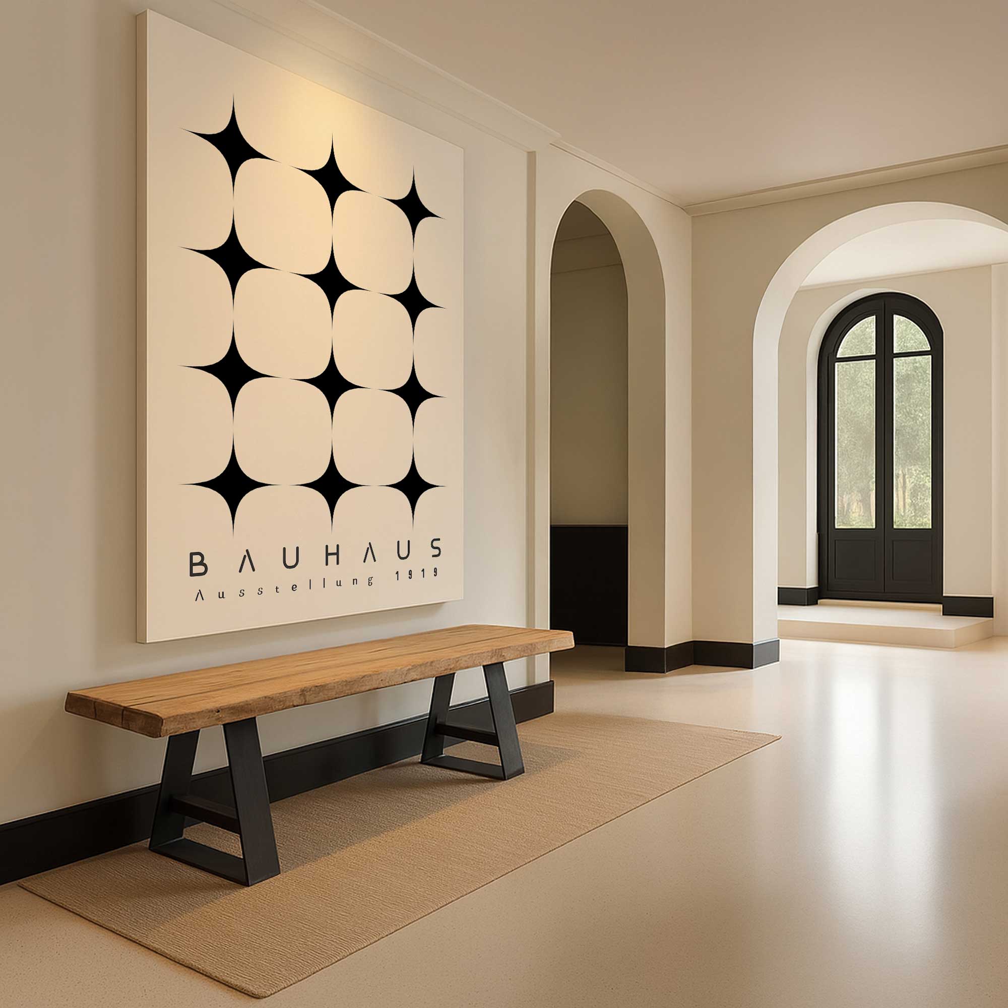 Minimalist bauhaus stars large art print centered above a bench