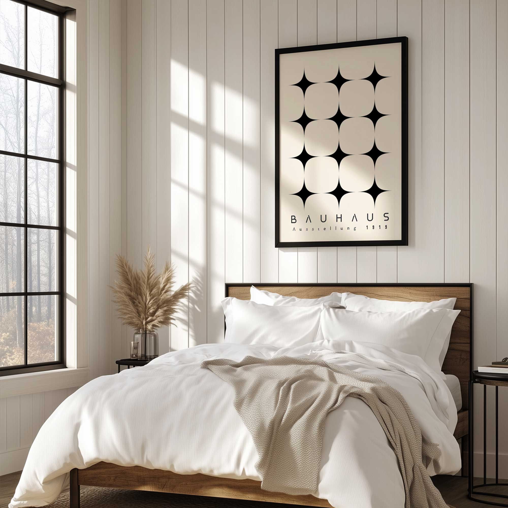 minimalist bauhaus stars print hanging above a bed