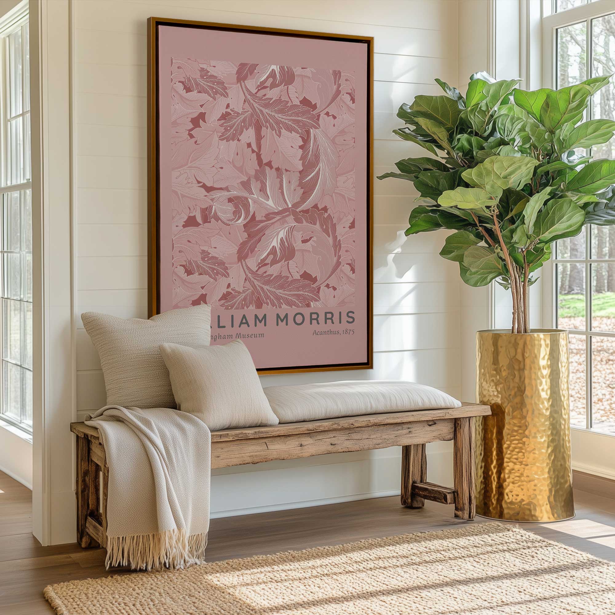 Blush acanthus by william morris in a gold floater frame hanging in a bright sitting room above a bench