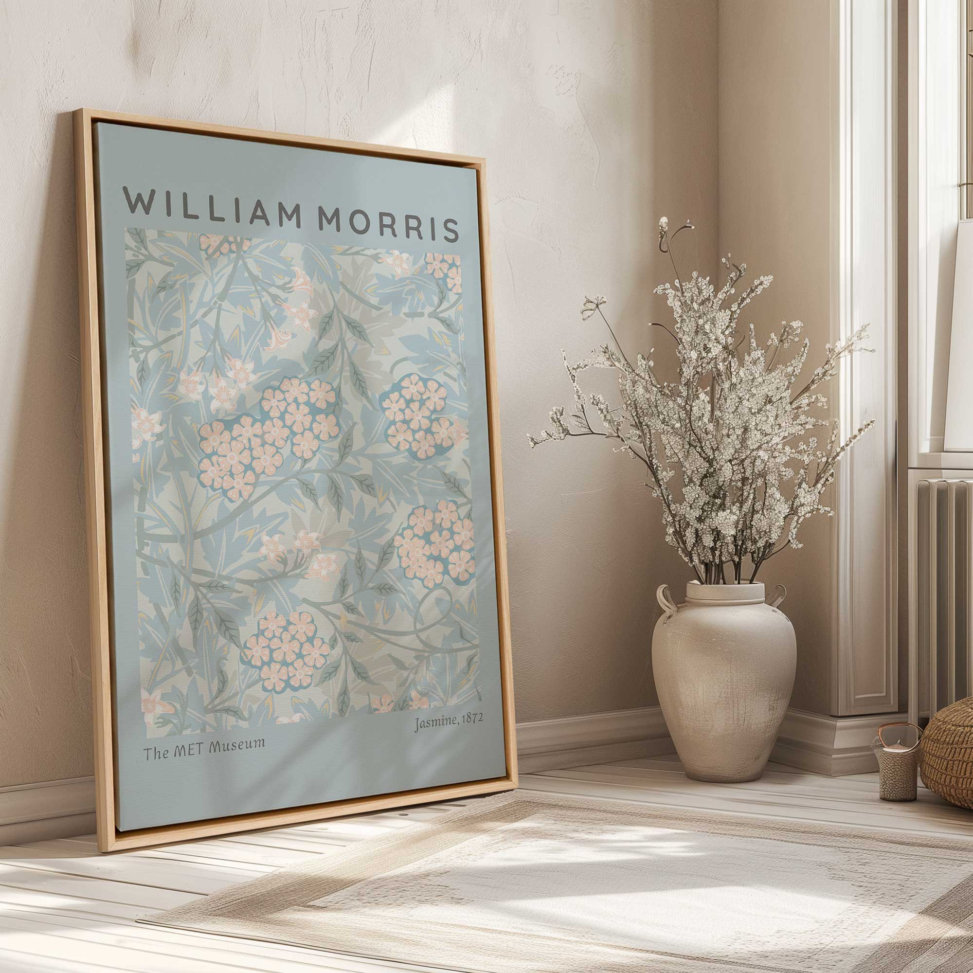 pale blue jasmine by Morris print on canvas in a maple flatter frame leaning against the wall