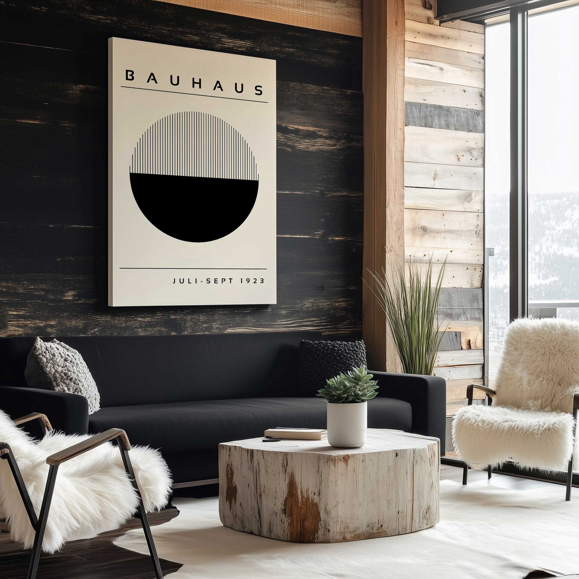 bauhaus eclipse of geometry canvas print hanging above a black couch