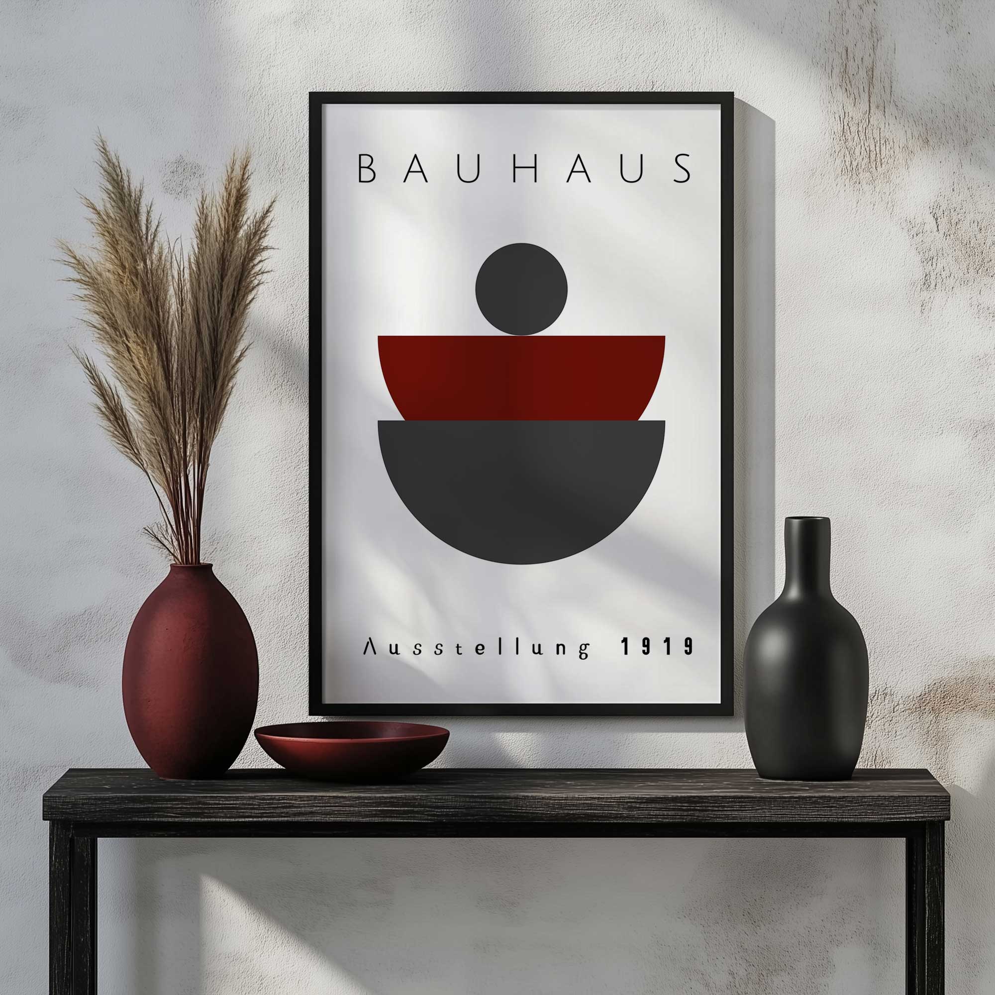 Bauhaus Balanced Forms Print framed above black bench