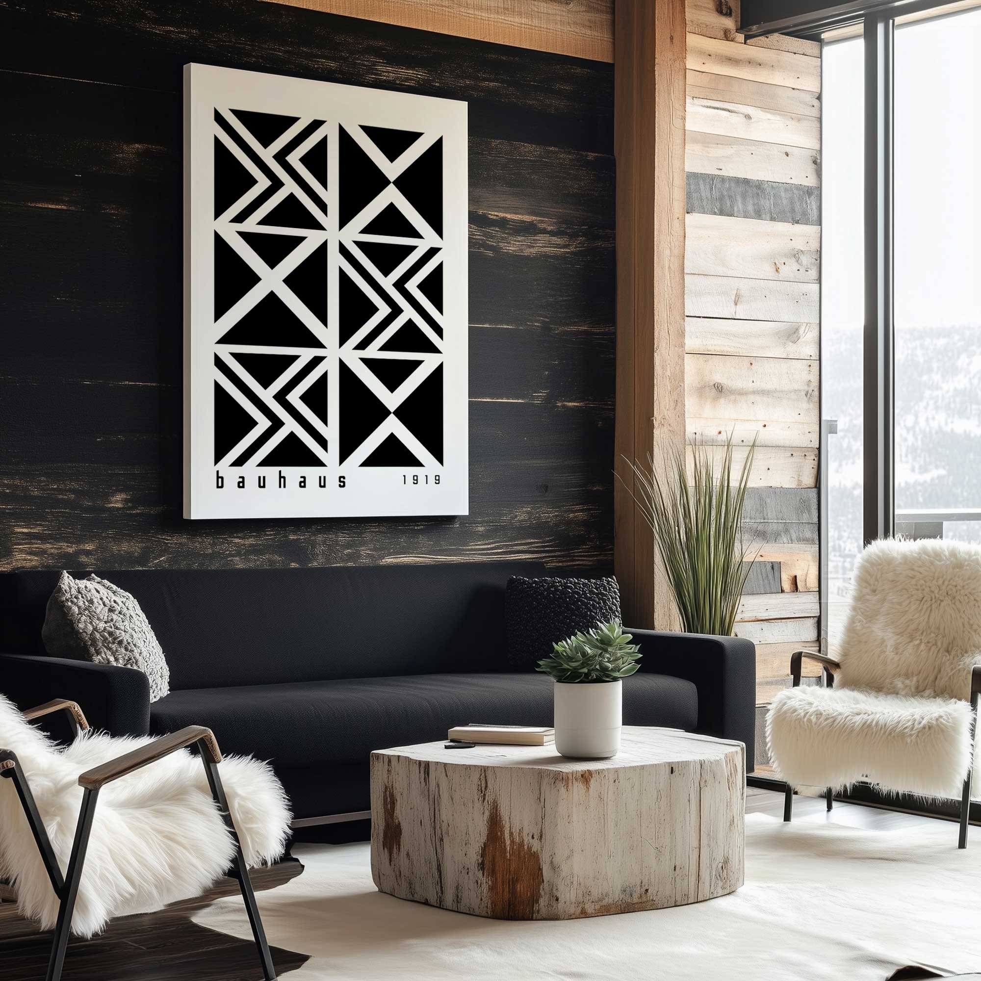 triangle bauhaus grid print on canvas hanging on aged wood wall