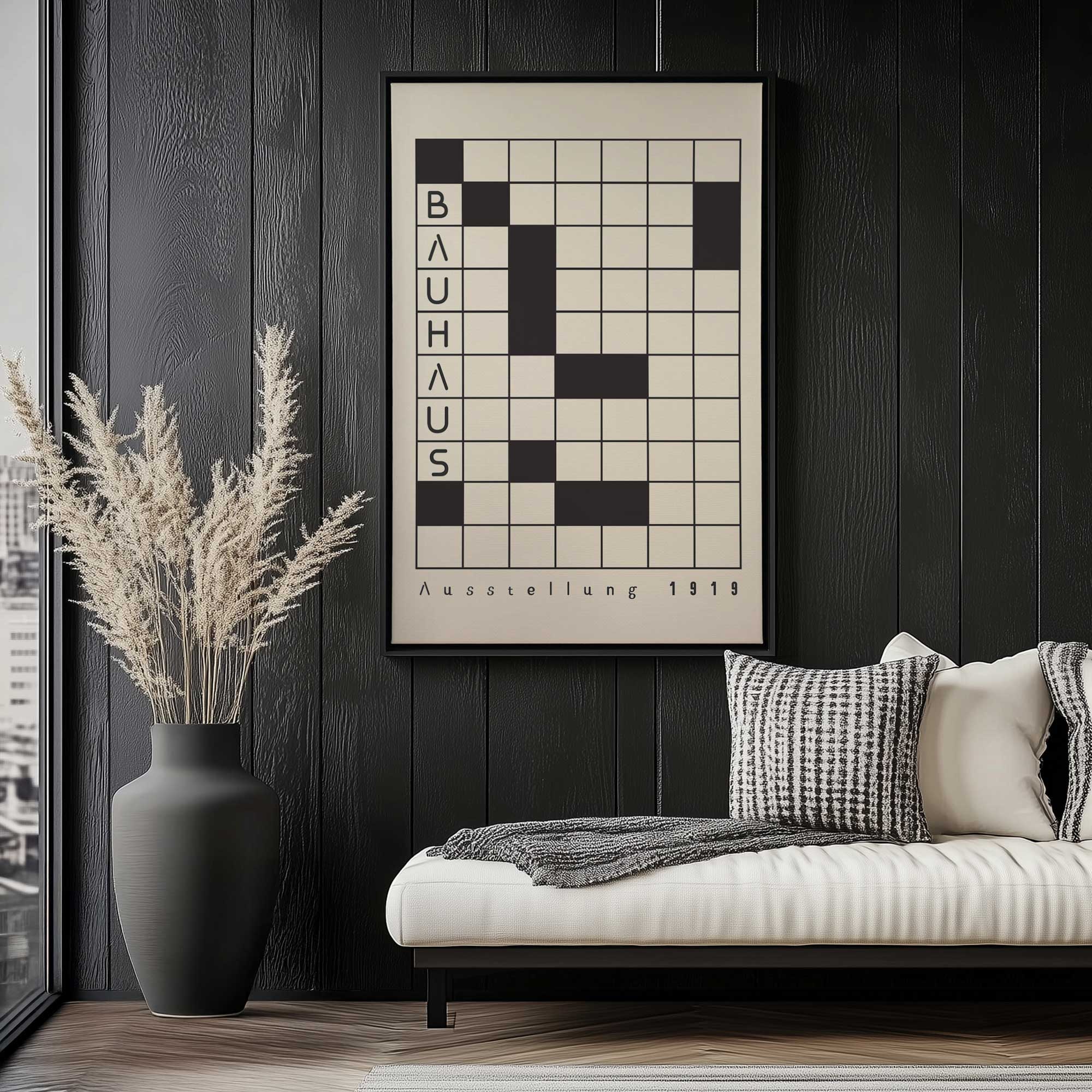 bauhaus crossword composition print on canvas hanging in minimalist living room