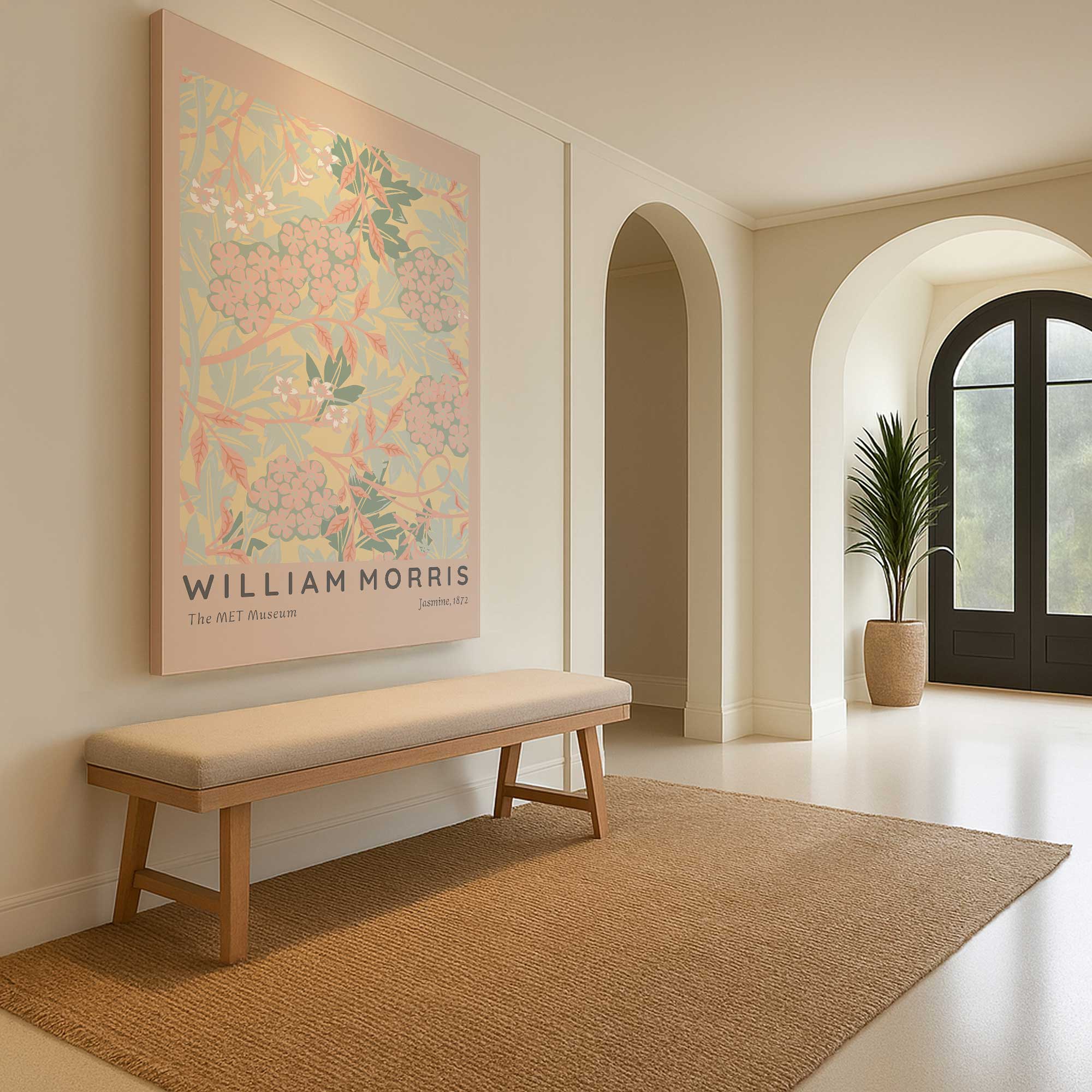 Blush jasmine by William Morris Large Canvas hanging above a bench in an entryway